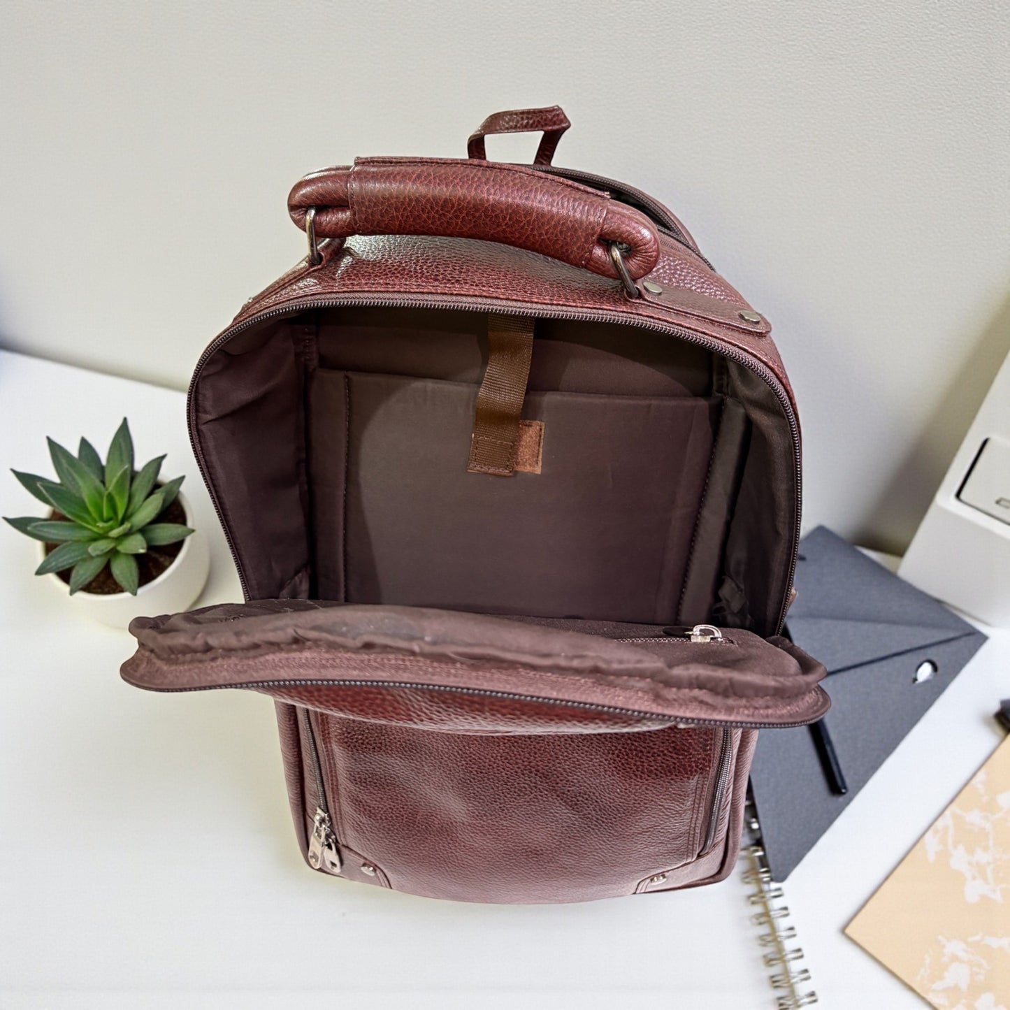 Men’s Genuine Leather Backpack with Laptop Compartment | Contrast Stitching & Brass Hardware | Multiple Organizer Pockets | Office, Travel & Business Use | Stylish Daypack (Brown)