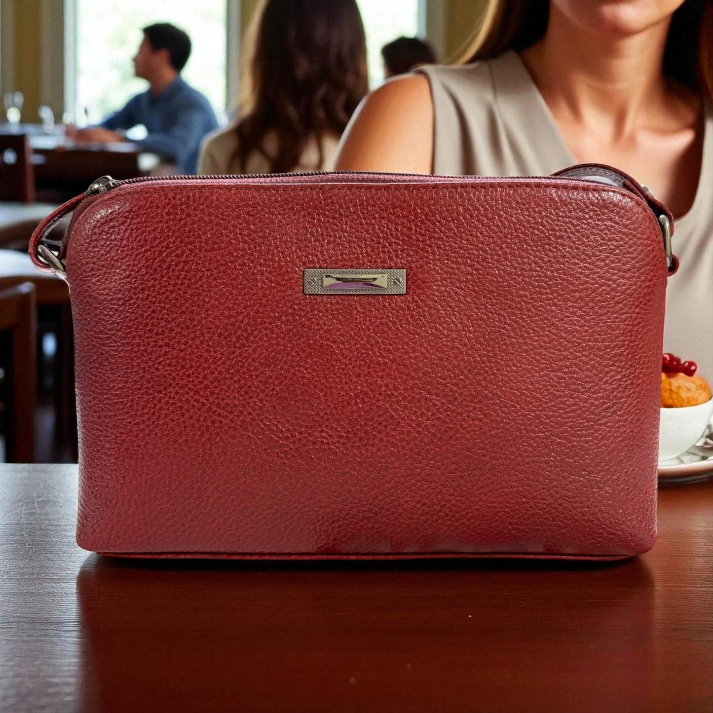 Leather Crossbody Bag, Multiple Compartments, Adjustable Strap (Red)