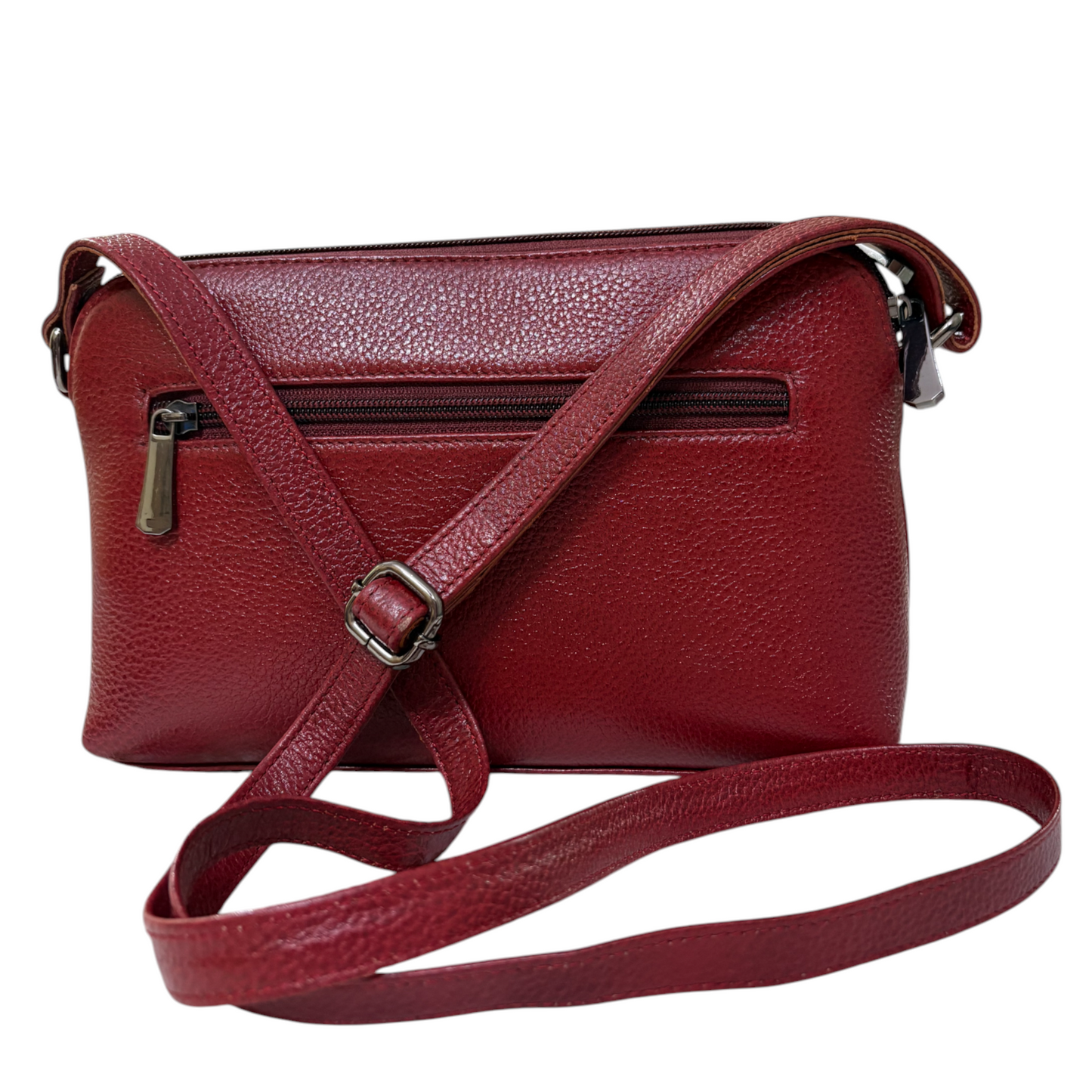 Leather Crossbody Bag, Multiple Compartments, Adjustable Strap (Red)