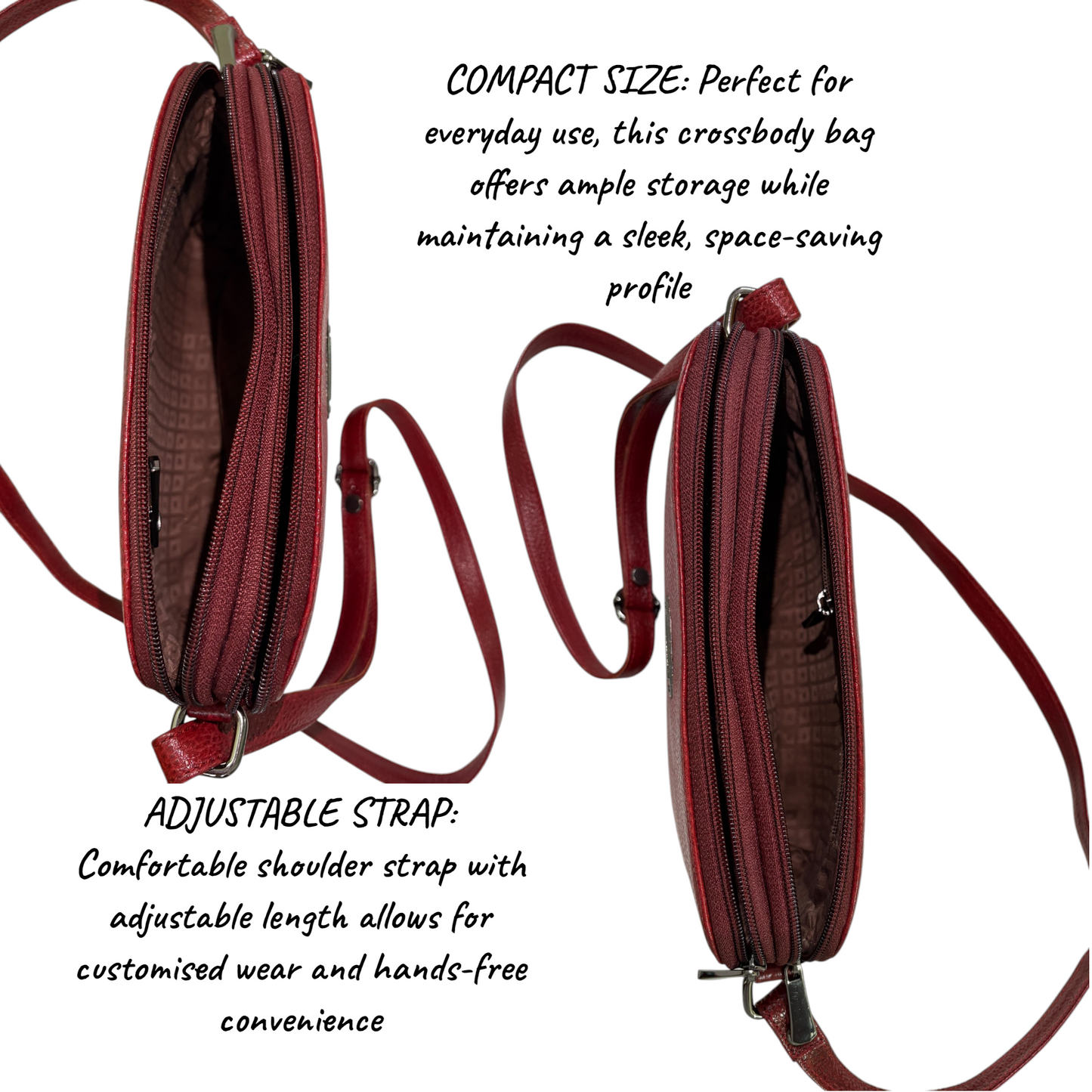 Leather Crossbody Bag, Multiple Compartments, Adjustable Strap (Red)