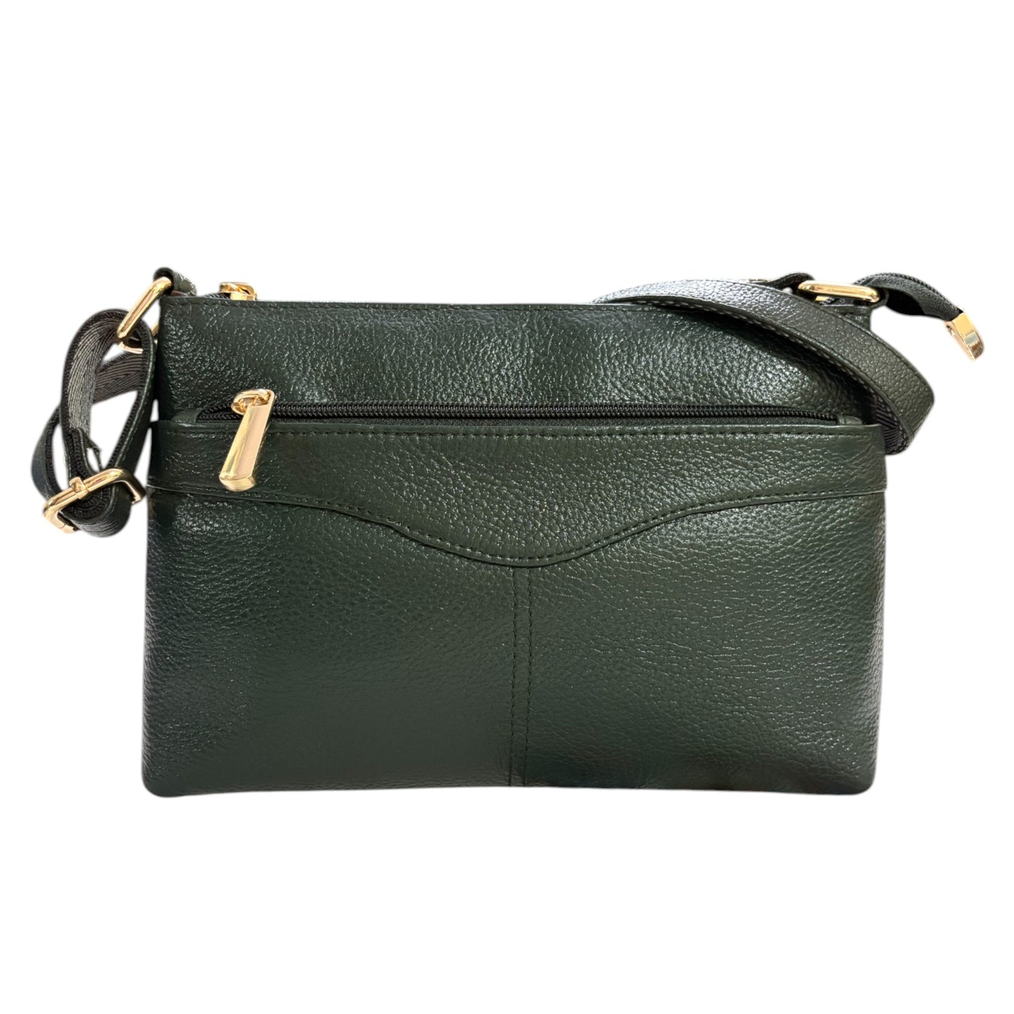 Compact Crossbody Bag, Dark Green Genuine Leather, Multi-Compartment with Gold Hardware (Green)