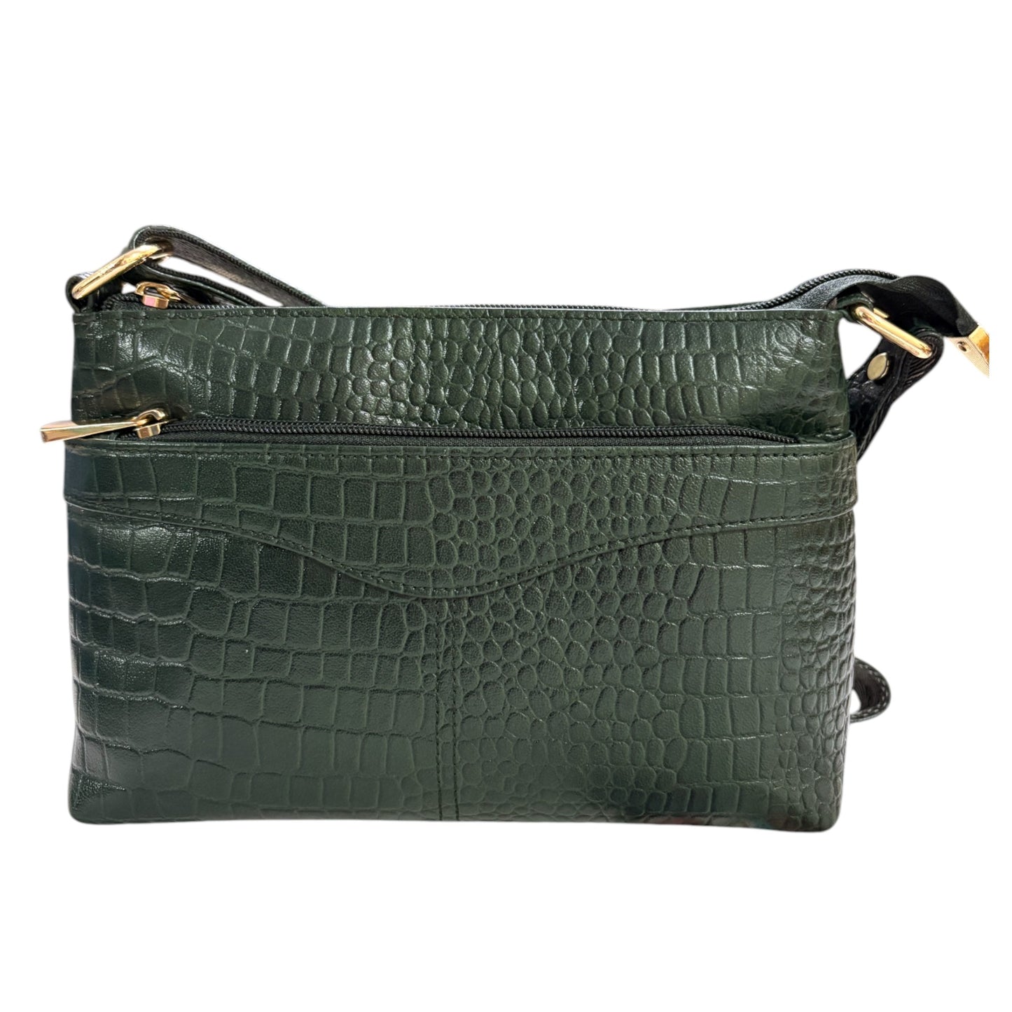Compact Crossbody Bag, Crocodile Design, Dark Green Genuine Leather, Multi-Compartment with Gold Hardware (Dark Green)