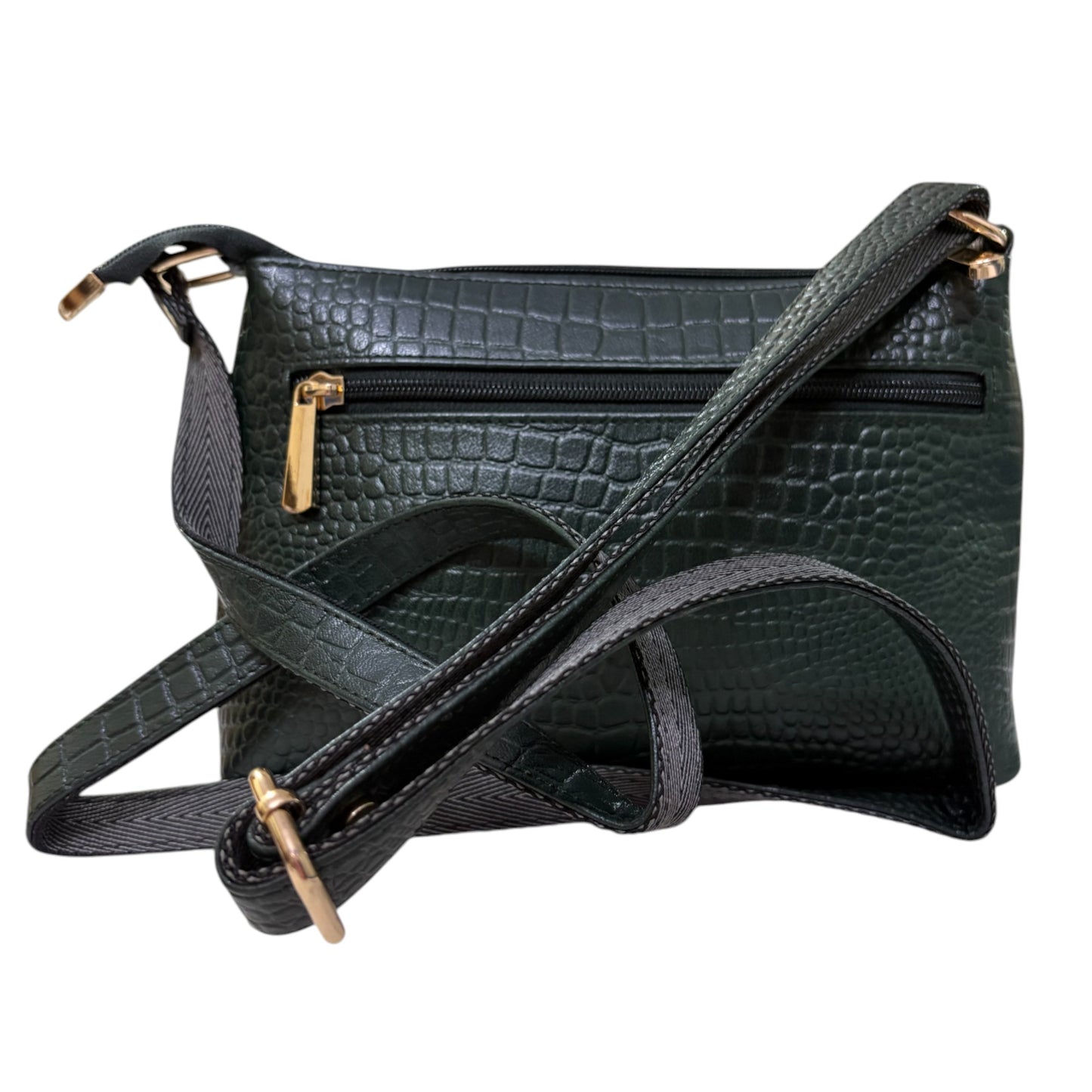 Compact Crossbody Bag, Crocodile Design, Dark Green Genuine Leather, Multi-Compartment with Gold Hardware (Dark Green)