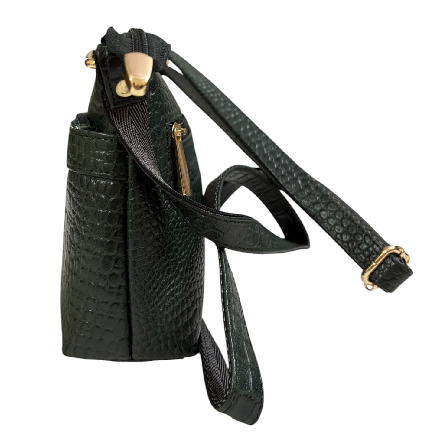 Compact Crossbody Bag, Crocodile Design, Dark Green Genuine Leather, Multi-Compartment with Gold Hardware (Dark Green)