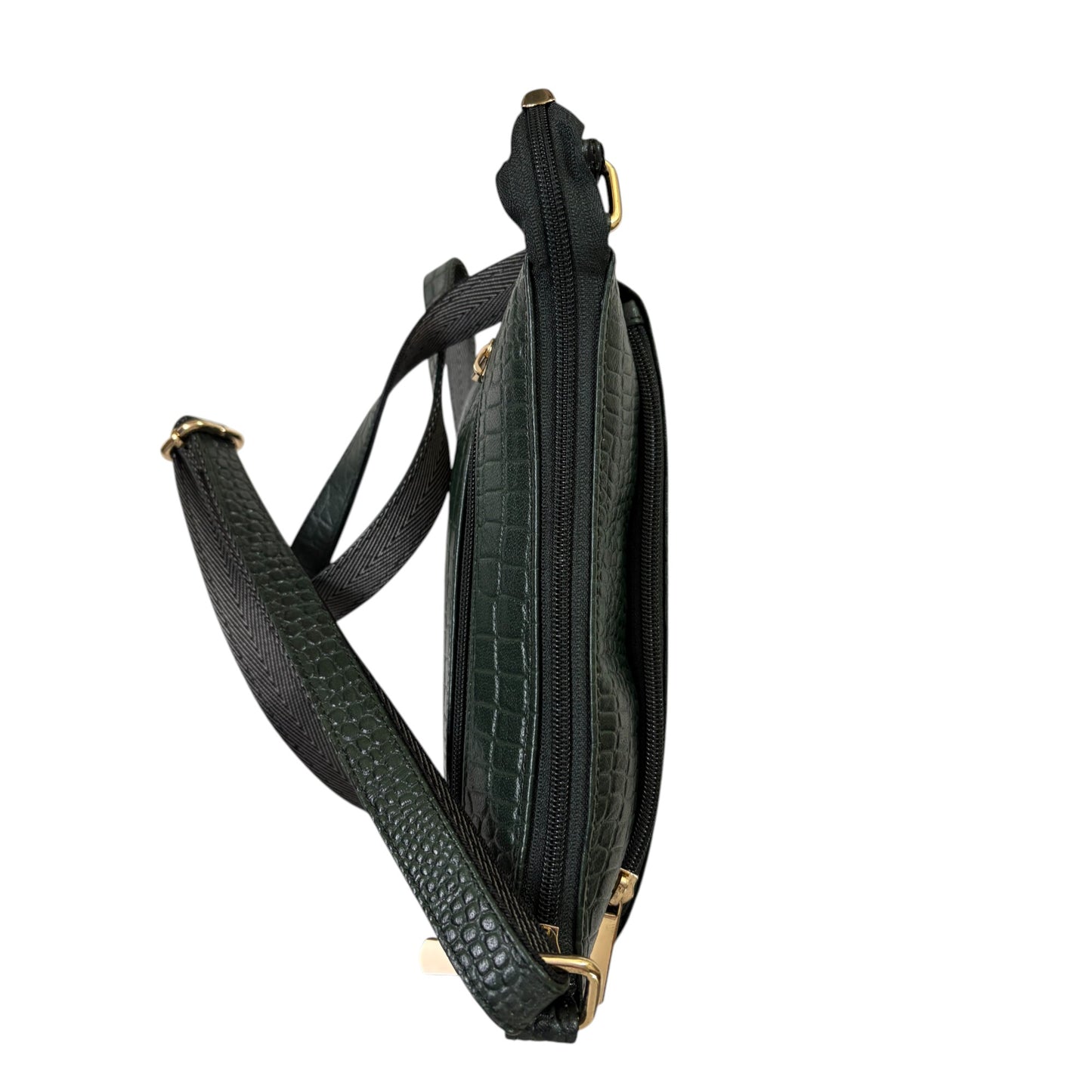 Compact Crossbody Bag, Crocodile Design, Dark Green Genuine Leather, Multi-Compartment with Gold Hardware (Dark Green)