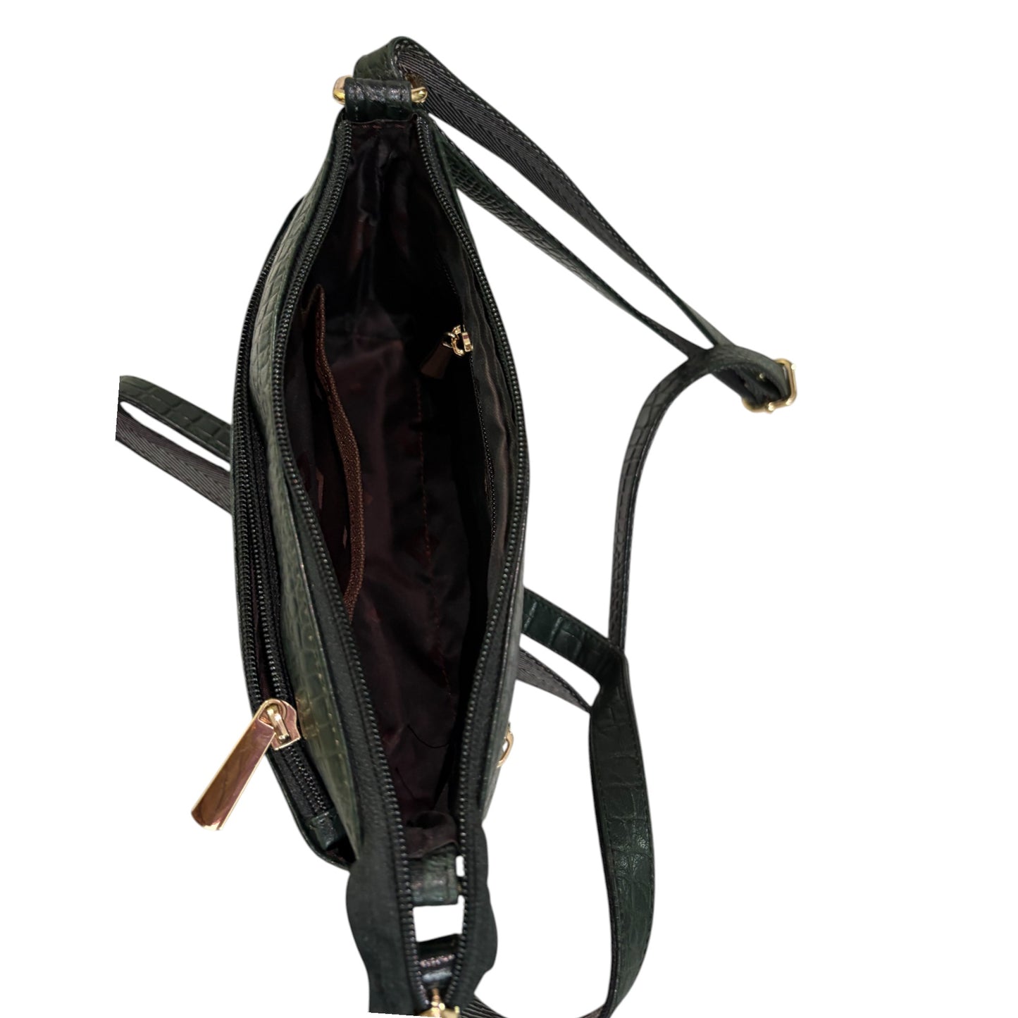 Compact Crossbody Bag, Crocodile Design, Dark Green Genuine Leather, Multi-Compartment with Gold Hardware (Dark Green)