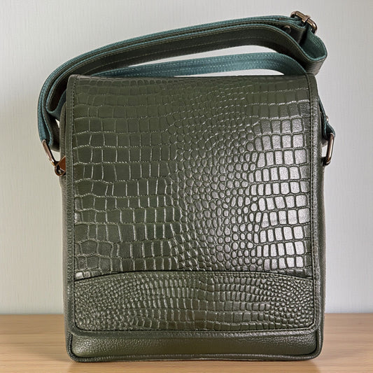 Premium Men's Croc-Pattern Leather Messenger Bag | Dark Green Crossbody Satchel for Office & Daily Use