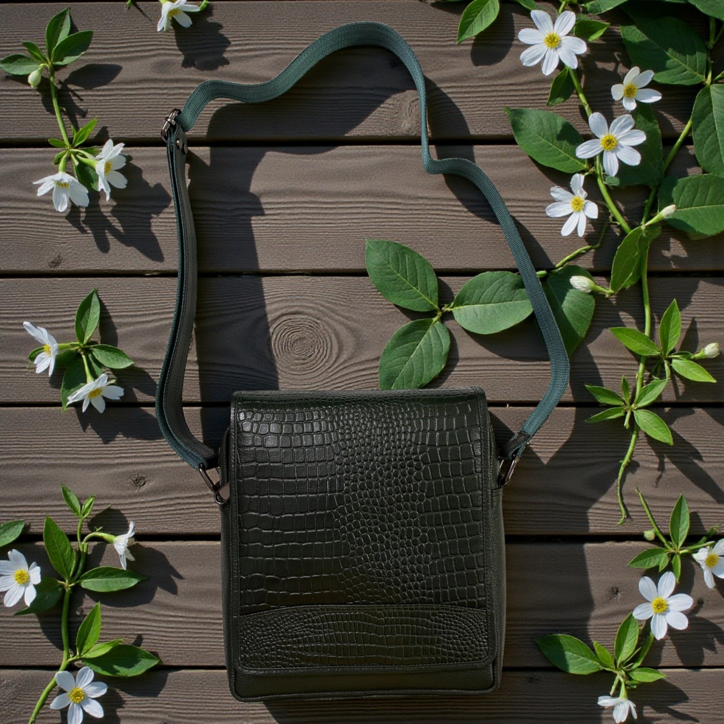 Premium Men's Croc-Pattern Leather Messenger Bag | Dark Green Crossbody Satchel for Office & Daily Use