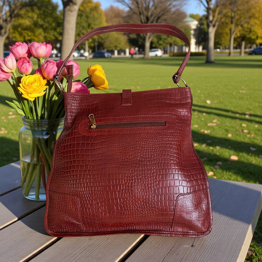 Women’s Maroon Leather Utility Bag | Trendy Shoulder Handbag in Genuine Leather with Spacious Interior & Secure Zipper | Stylish Textured Daily Tote for Work, Travel & Casual Use (Maroon)
