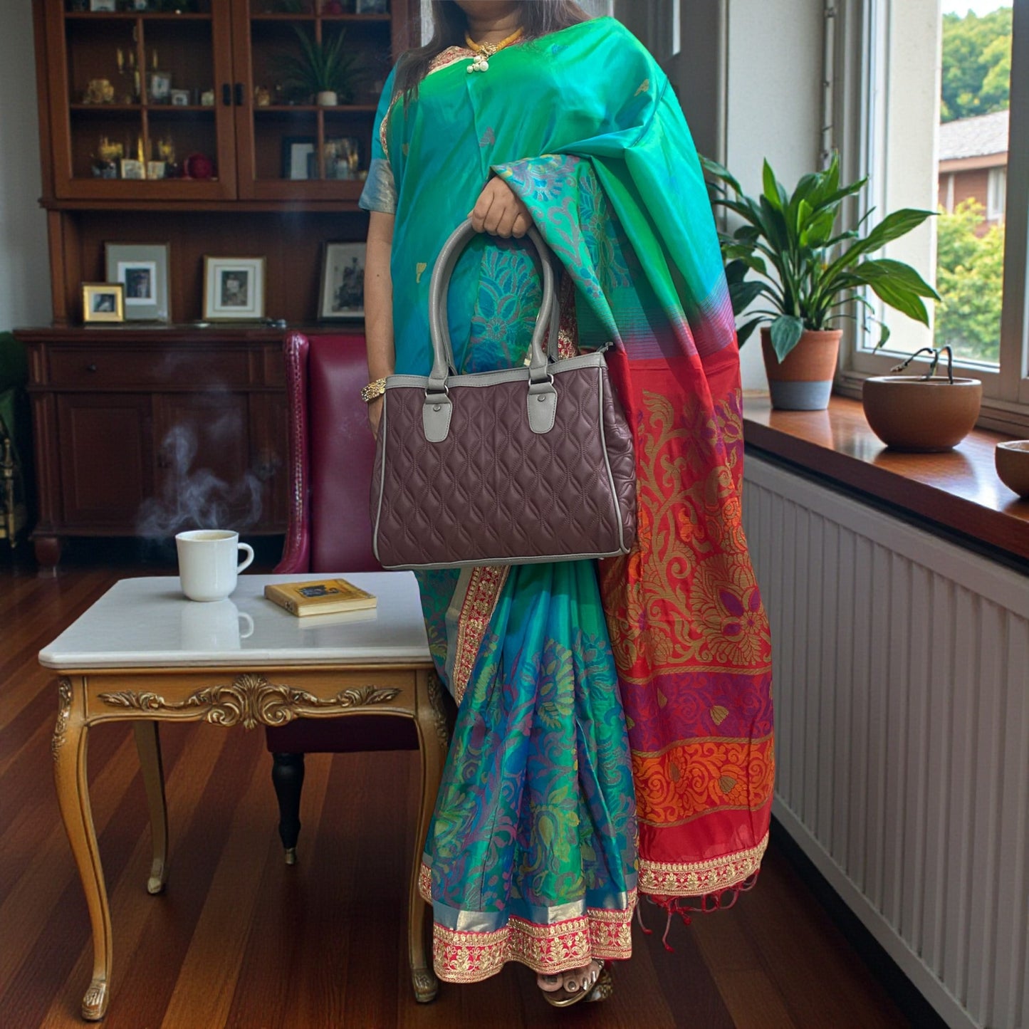 Quilted Burgundy Leather Handbag for Women – Genuine Leather Bag with Grey Accents, Spacious Interior, Top Handles & Zippered Compartment | Elegant Utility Tote for Daily & Office Use