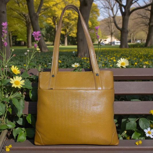 Women’s Leather Utility Tote Bag | Trendy Tan Brown Genuine Leather Handbag with Woven Front Design | Spacious & Durable with Dual Handles | Stylish Shoulder Bag for Daily & Office Use (Tan Brown)