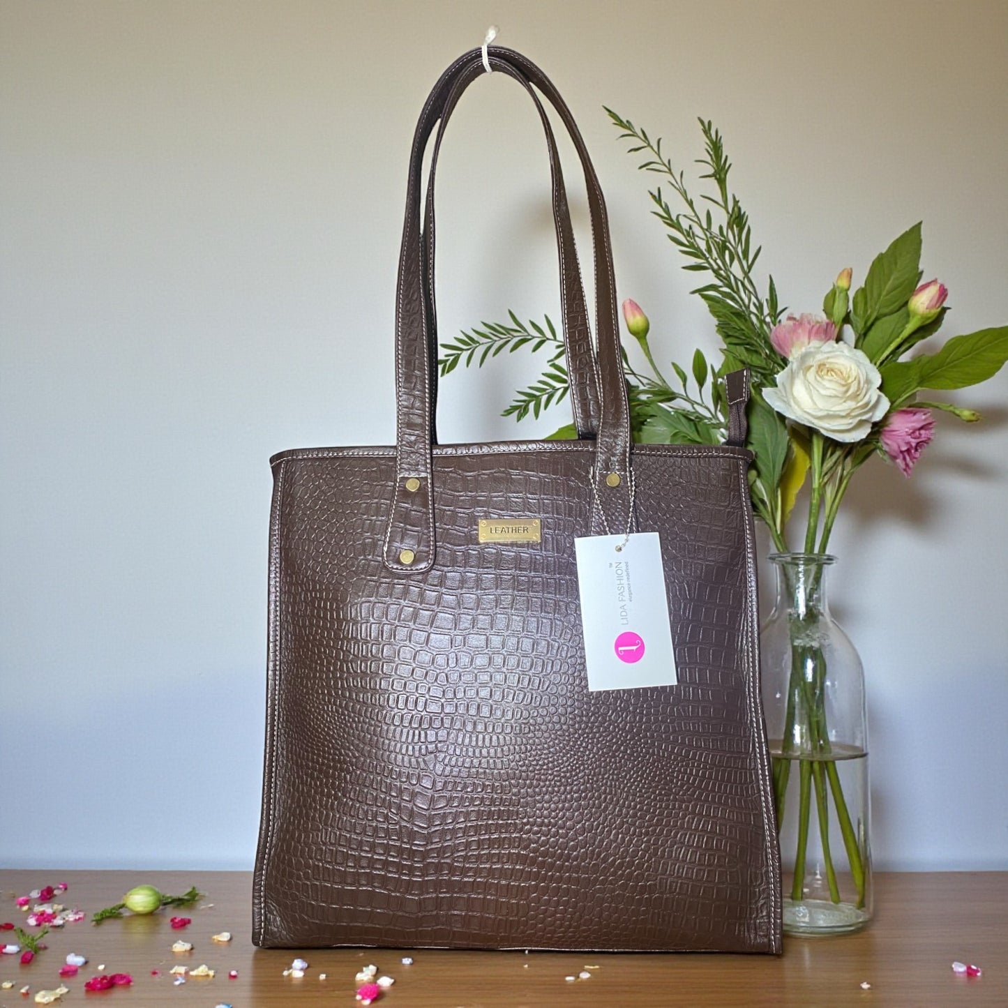 Croc-Embossed Leather Utility Tote Bag for Women – Stylish Brown Genuine Leather Handbag with Spacious Interior, Adjustable Strap & Compartments | Office, Travel & Daily Use Shoulder Bag (Brown)