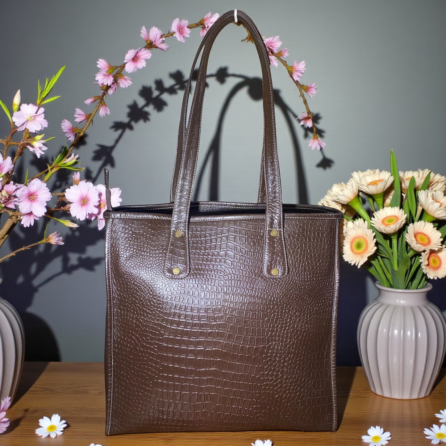 Croc-Embossed Leather Utility Tote Bag for Women – Stylish Brown Genuine Leather Handbag with Spacious Interior, Adjustable Strap & Compartments | Office, Travel & Daily Use Shoulder Bag (Brown)