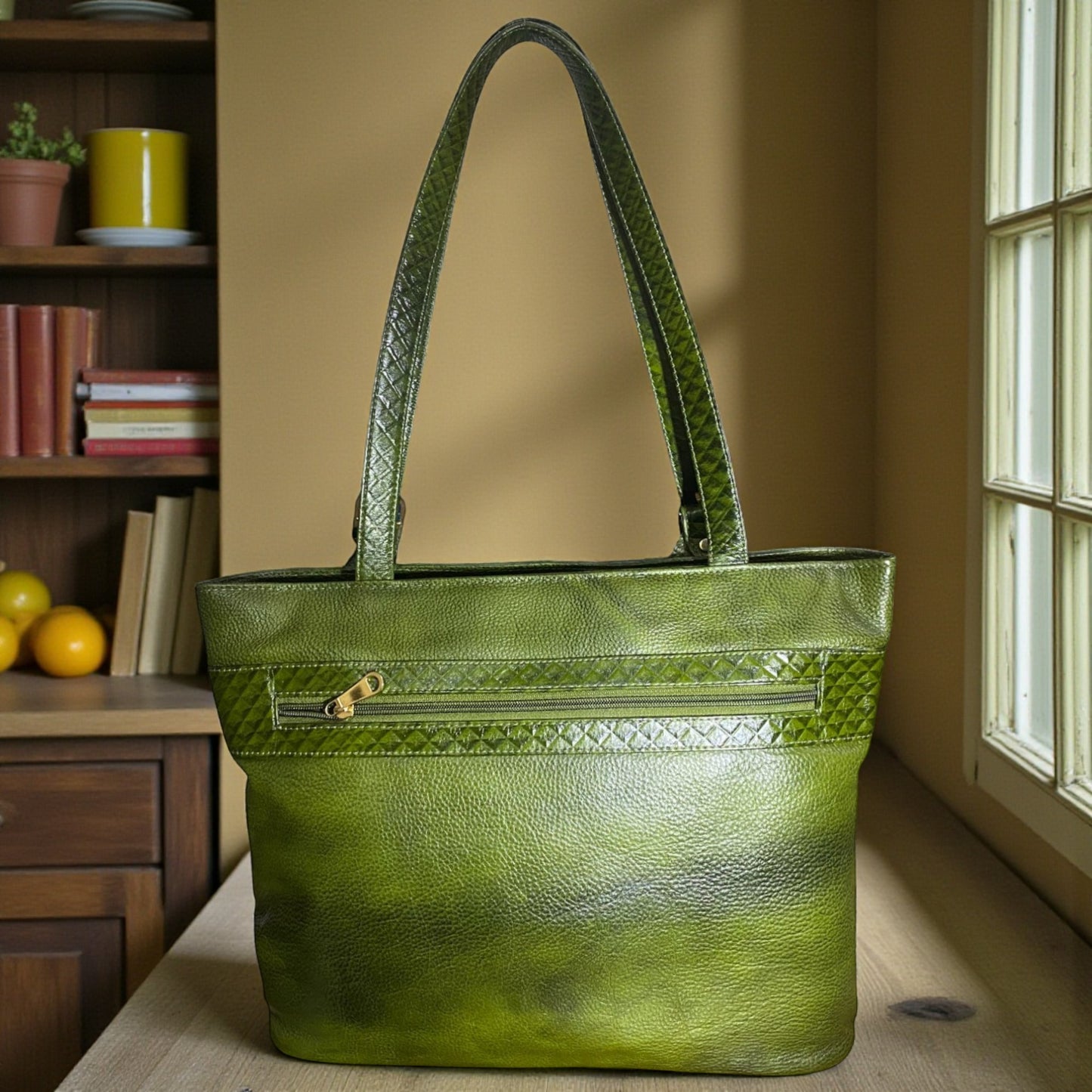 Women’s Green Leather Utility Tote Bag | Genuine Leather Designer Handbag with Spacious Interior & Pockets | Trendy Double Handle Carryall for Office, Travel & Daily Use (Green)