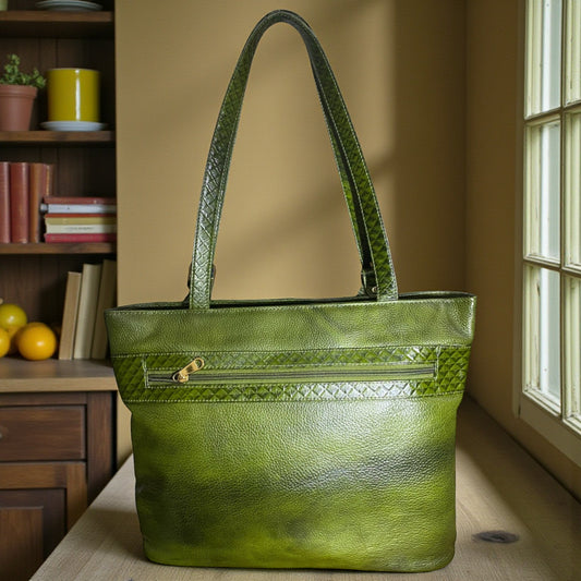 Women’s Green Leather Utility Tote Bag | Genuine Leather Designer Handbag with Spacious Interior & Pockets | Trendy Double Handle Carryall for Office, Travel & Daily Use (Green)