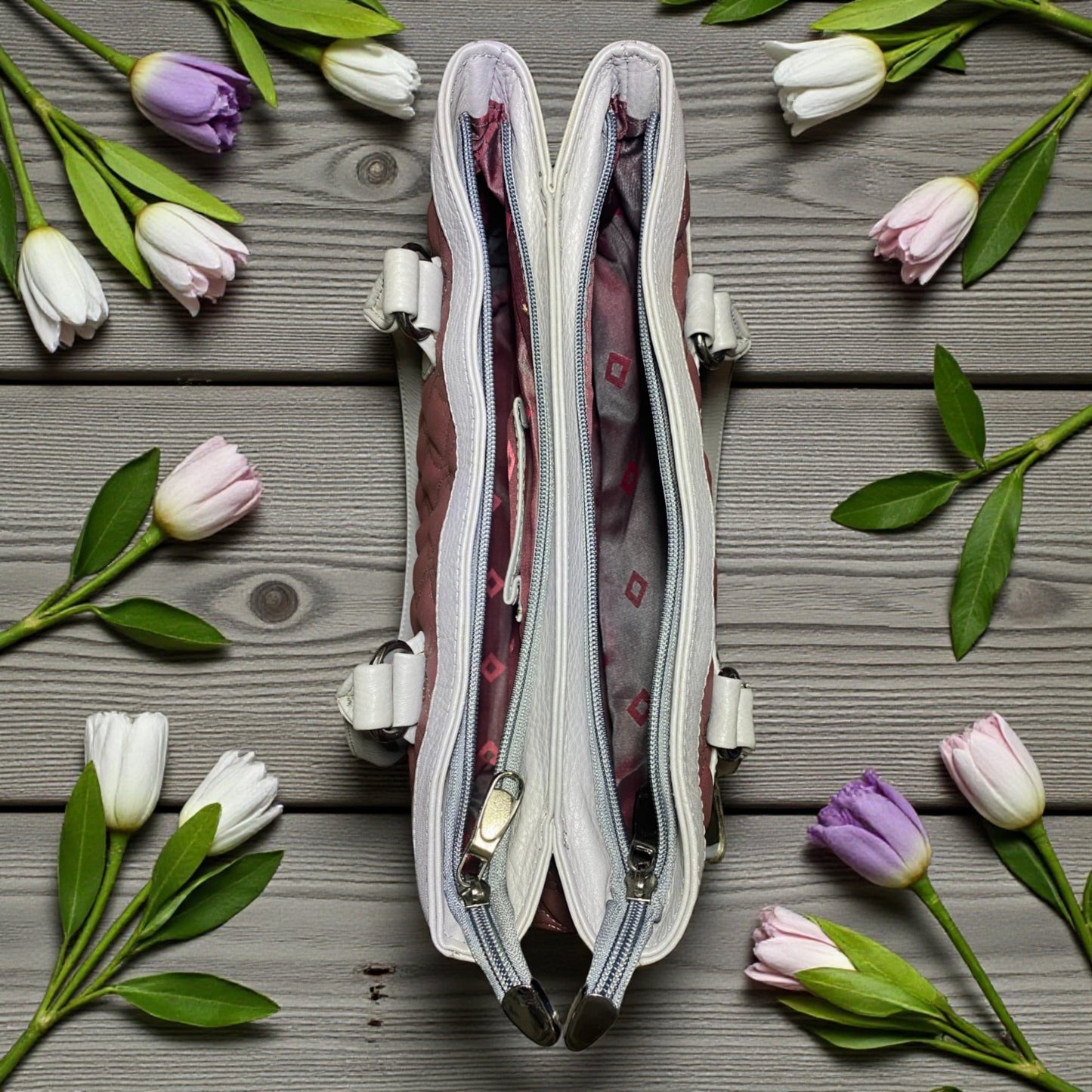 Quilted Burgundy Leather Handbag for Women – Genuine Leather Bag with Grey Accents, Spacious Interior, Top Handles & Zippered Compartment | Elegant Utility Tote for Daily & Office Use