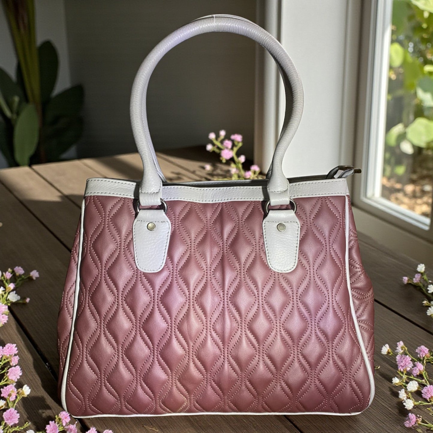 Quilted Burgundy Leather Handbag for Women – Genuine Leather Bag with Grey Accents, Spacious Interior, Top Handles & Zippered Compartment | Elegant Utility Tote for Daily & Office Use