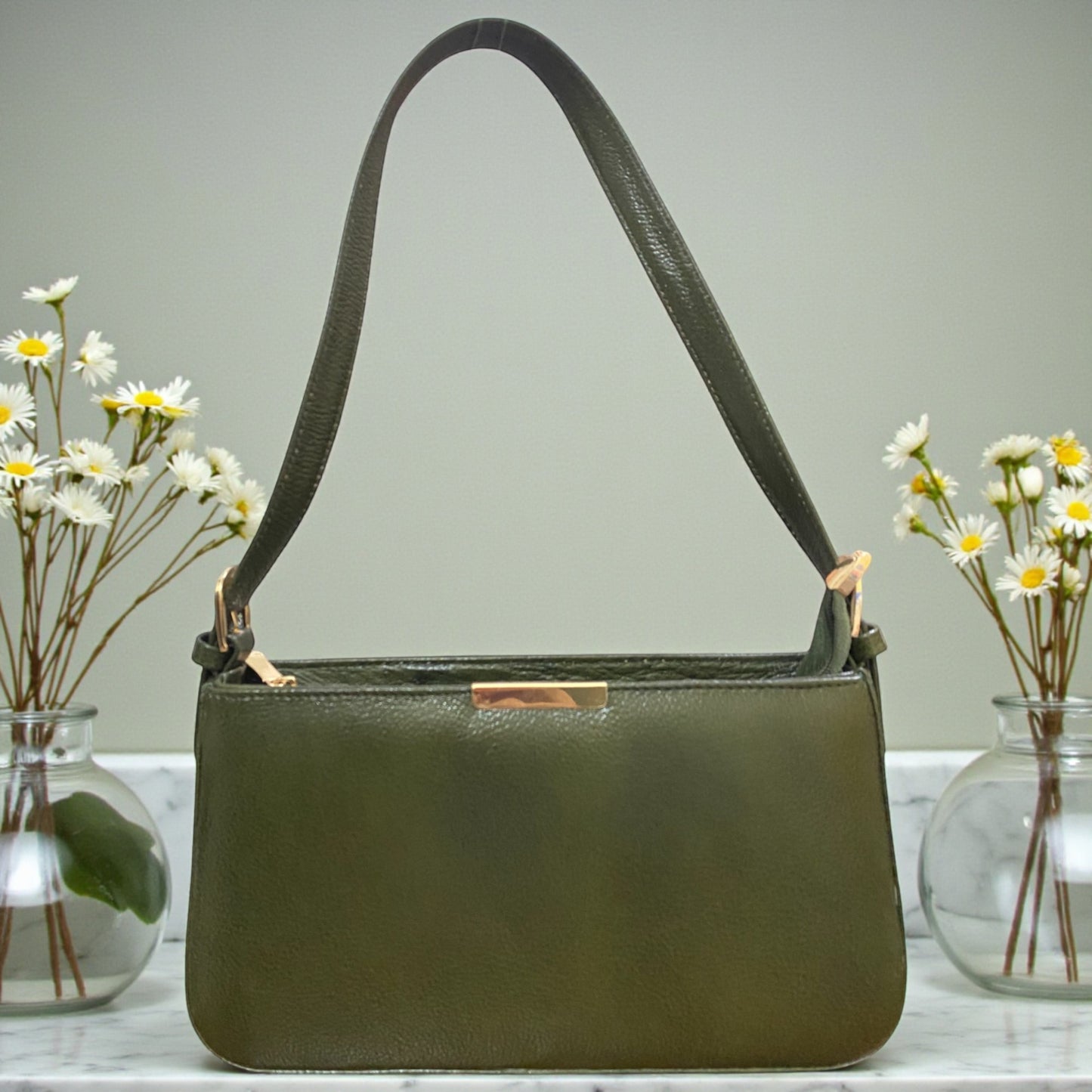 Women's Leather Shoulder Bag | Genuine Leather Baguette-Style Handbag with Gold-Tone Hardware | Slim Profile Purse with Single Strap for Daily & Formal Use | Elegant & Durable (Olive Green)