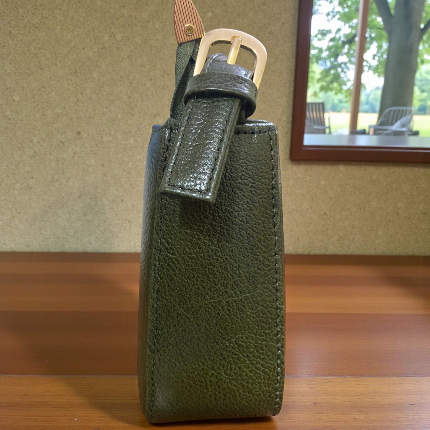 Women's Leather Shoulder Bag | Genuine Leather Baguette-Style Handbag with Gold-Tone Hardware | Slim Profile Purse with Single Strap for Daily & Formal Use | Elegant & Durable (Olive Green)