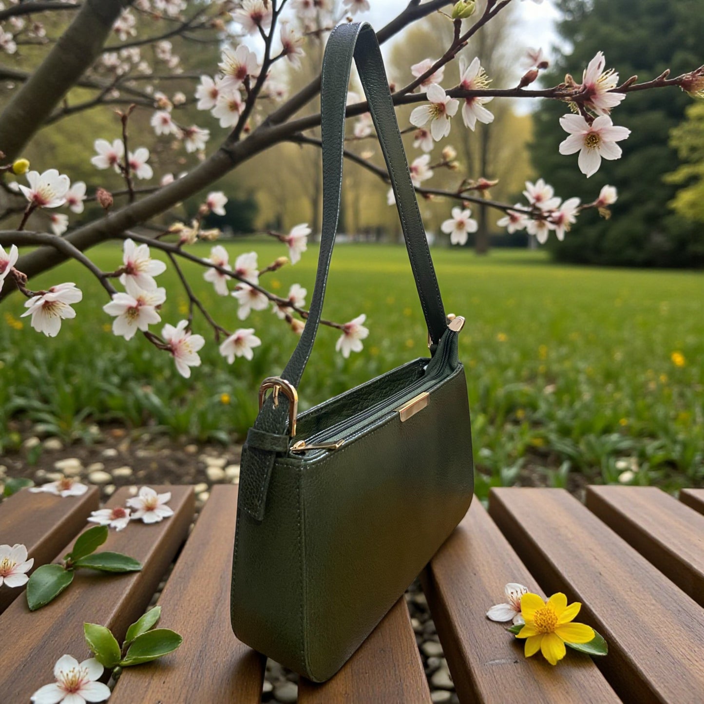 Women's Leather Shoulder Bag | Genuine Leather Baguette-Style Handbag with Gold-Tone Hardware | Slim Profile Purse with Single Strap for Daily & Formal Use | Elegant & Durable (Olive Green)