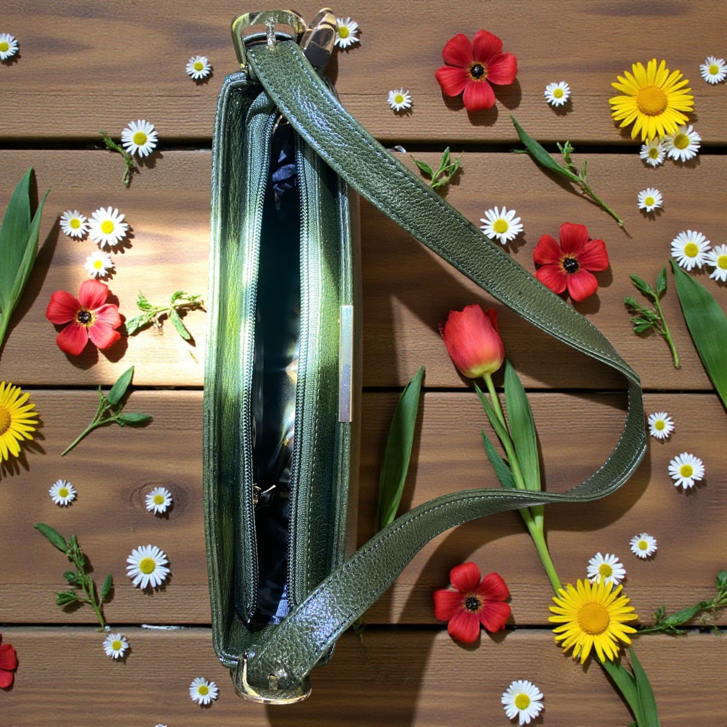 Women's Leather Shoulder Bag | Genuine Leather Baguette-Style Handbag with Gold-Tone Hardware | Slim Profile Purse with Single Strap for Daily & Formal Use | Elegant & Durable (Olive Green)