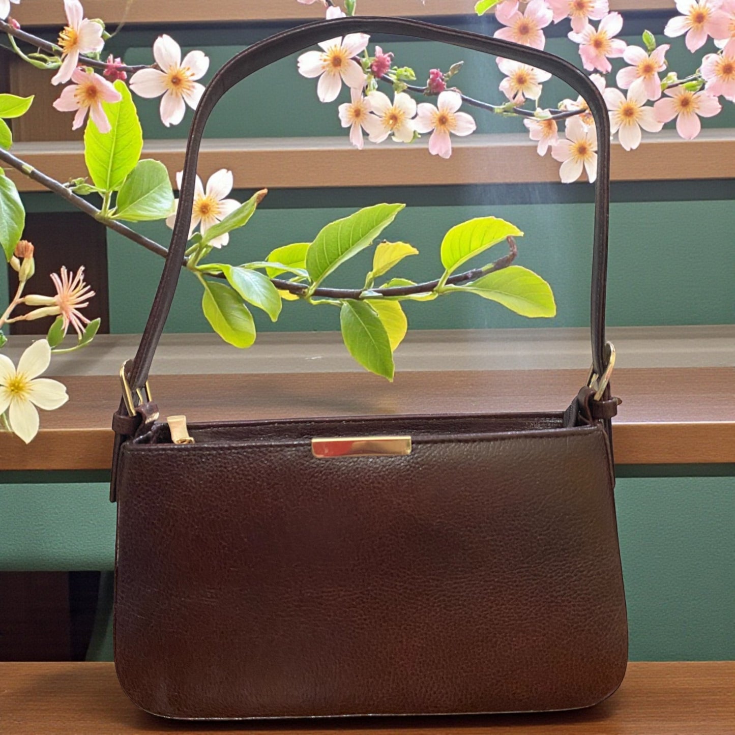 Women's Leather Shoulder Bag | Genuine Leather Baguette-Style Handbag with Gold-Tone Hardware | Slim Profile Purse with Single Strap for Daily & Formal Use | Elegant & Durable (Brown)