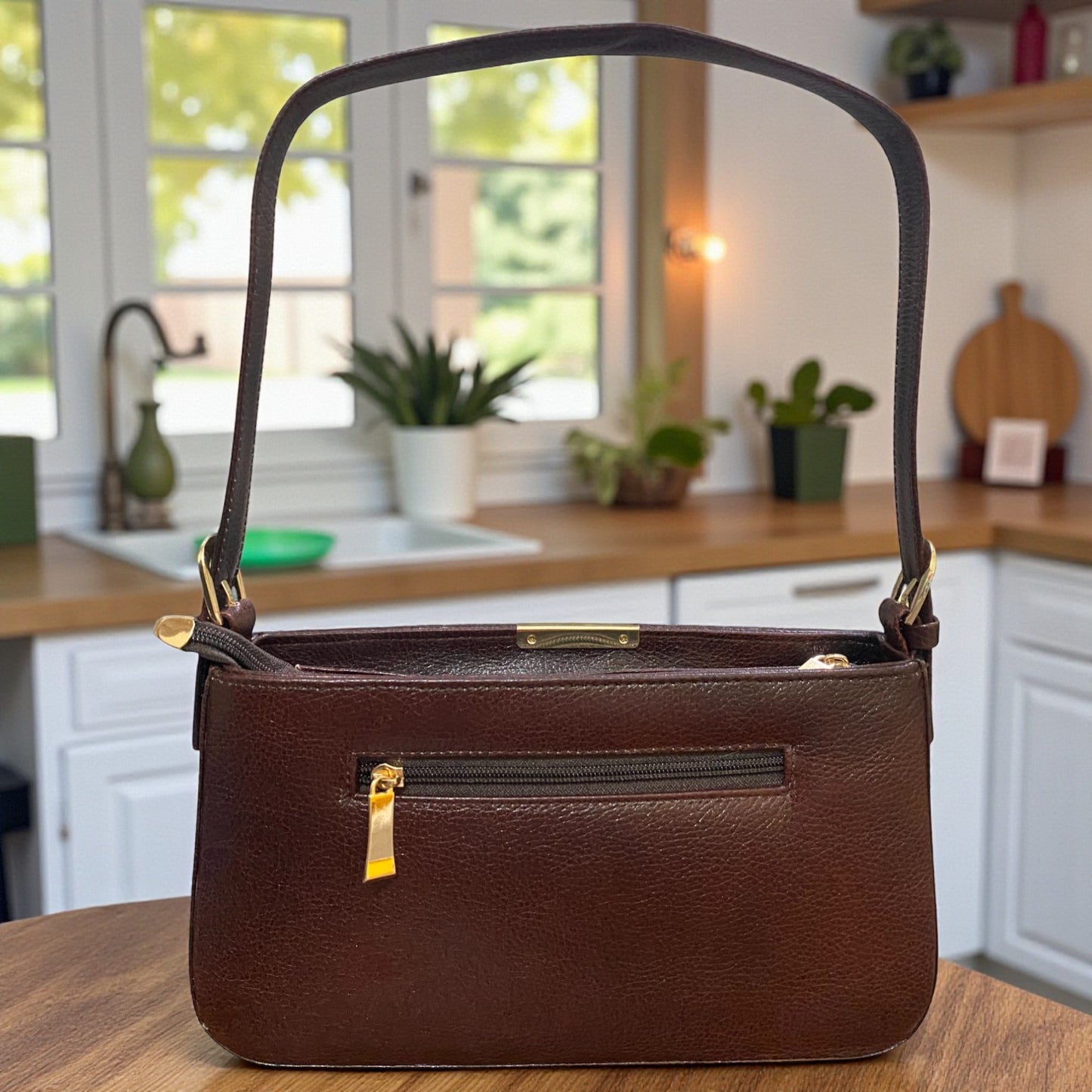 Women's Leather Shoulder Bag | Genuine Leather Baguette-Style Handbag with Gold-Tone Hardware | Slim Profile Purse with Single Strap for Daily & Formal Use | Elegant & Durable (Brown)