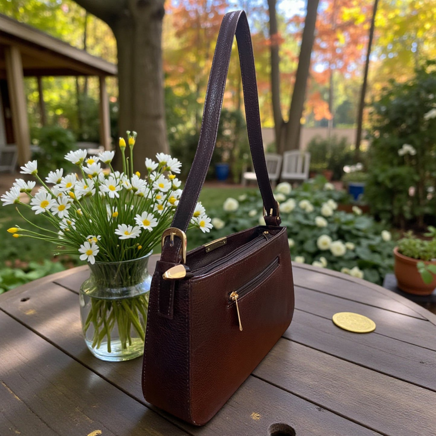 Women's Leather Shoulder Bag | Genuine Leather Baguette-Style Handbag with Gold-Tone Hardware | Slim Profile Purse with Single Strap for Daily & Formal Use | Elegant & Durable (Brown)