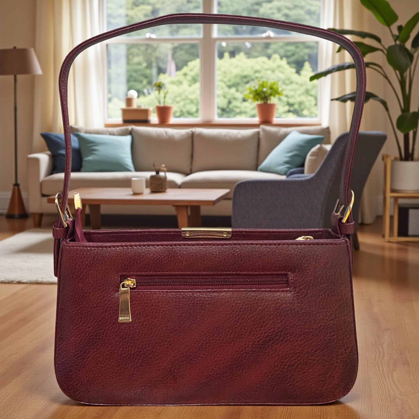 Women's Leather Shoulder Bag | Genuine Leather Baguette-Style Handbag with Gold-Tone Hardware | Slim Profile Purse with Single Strap for Daily & Formal Use | Elegant & Durable (Wine)