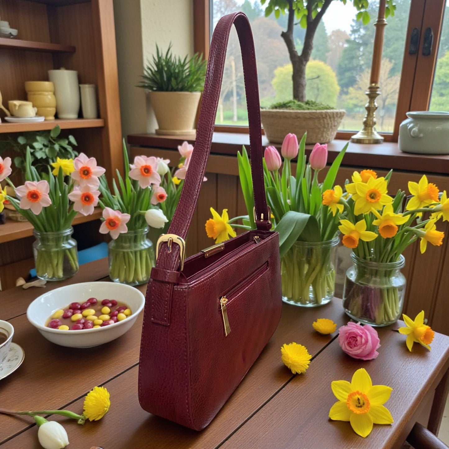 Women's Leather Shoulder Bag | Genuine Leather Baguette-Style Handbag with Gold-Tone Hardware | Slim Profile Purse with Single Strap for Daily & Formal Use | Elegant & Durable (Wine)