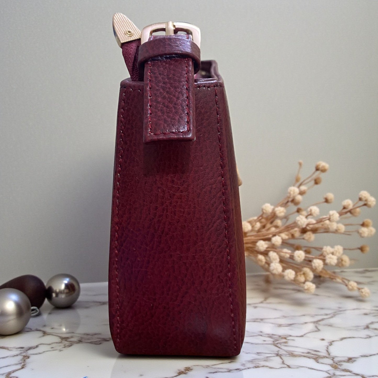 Women's Leather Shoulder Bag | Genuine Leather Baguette-Style Handbag with Gold-Tone Hardware | Slim Profile Purse with Single Strap for Daily & Formal Use | Elegant & Durable (Wine)