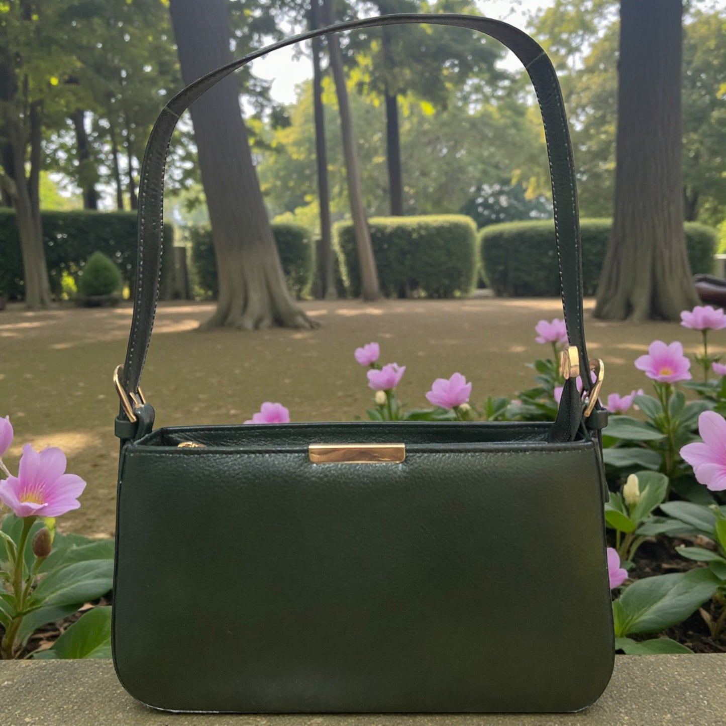 Women's Leather Shoulder Bag | Genuine Leather Baguette-Style Handbag with Gold-Tone Hardware | Slim Profile Purse with Single Strap for Daily & Formal Use | Elegant & Durable (Bottle Green)