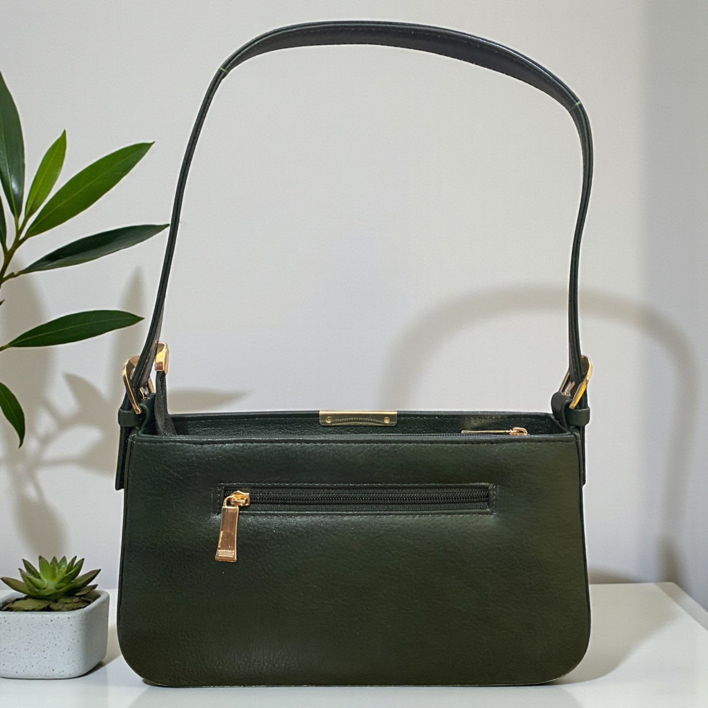 Women's Leather Shoulder Bag | Genuine Leather Baguette-Style Handbag with Gold-Tone Hardware | Slim Profile Purse with Single Strap for Daily & Formal Use | Elegant & Durable (Bottle Green)
