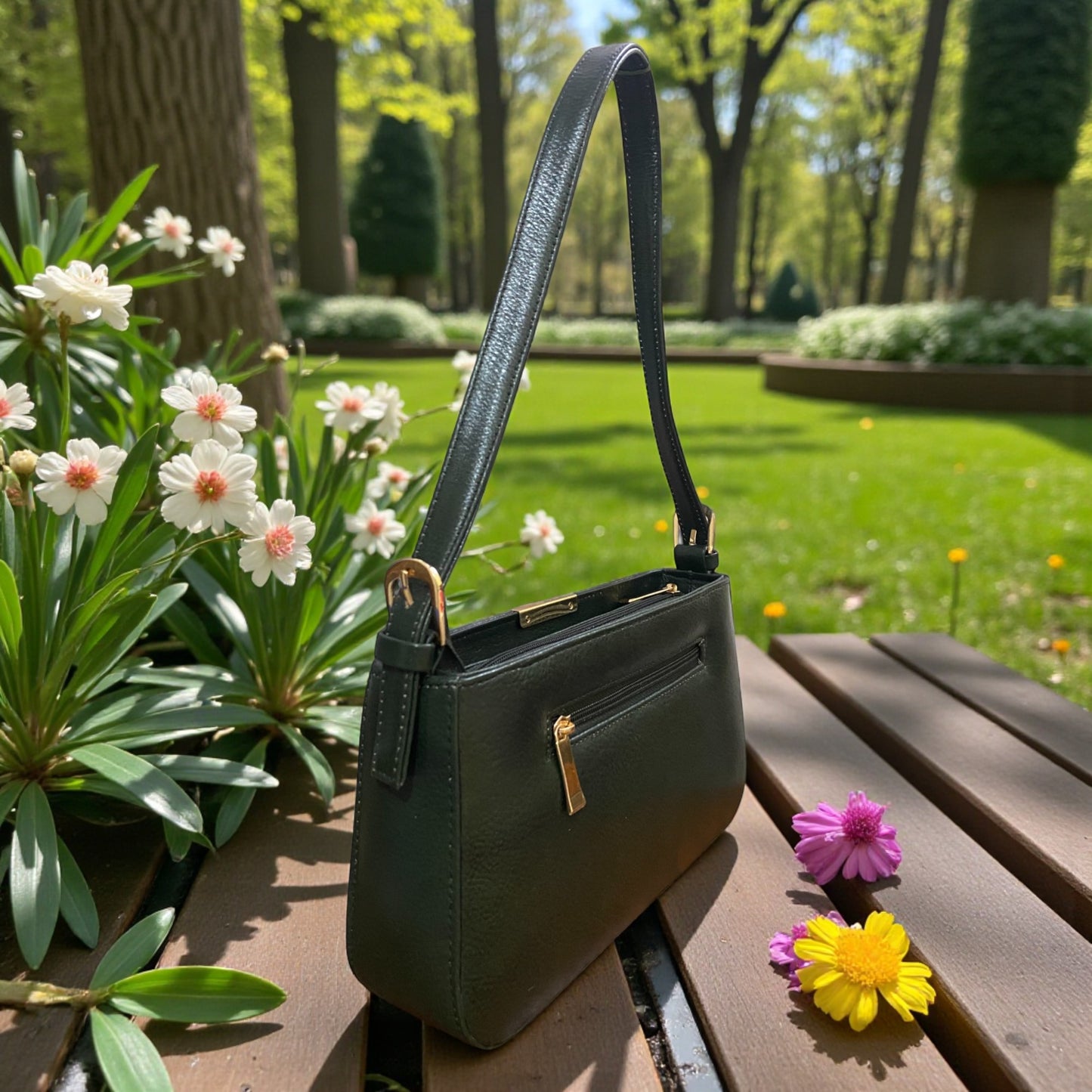 Women's Leather Shoulder Bag | Genuine Leather Baguette-Style Handbag with Gold-Tone Hardware | Slim Profile Purse with Single Strap for Daily & Formal Use | Elegant & Durable (Bottle Green)