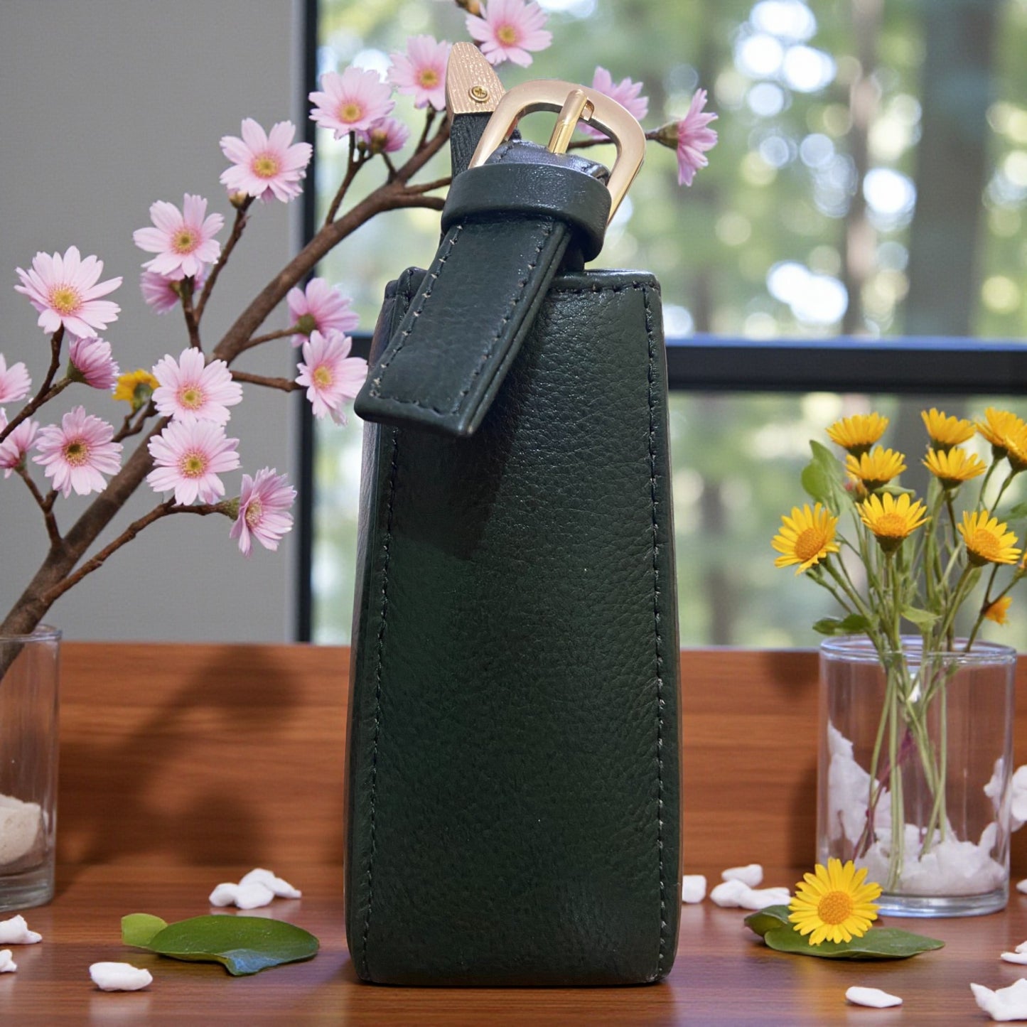 Women's Leather Shoulder Bag | Genuine Leather Baguette-Style Handbag with Gold-Tone Hardware | Slim Profile Purse with Single Strap for Daily & Formal Use | Elegant & Durable (Bottle Green)