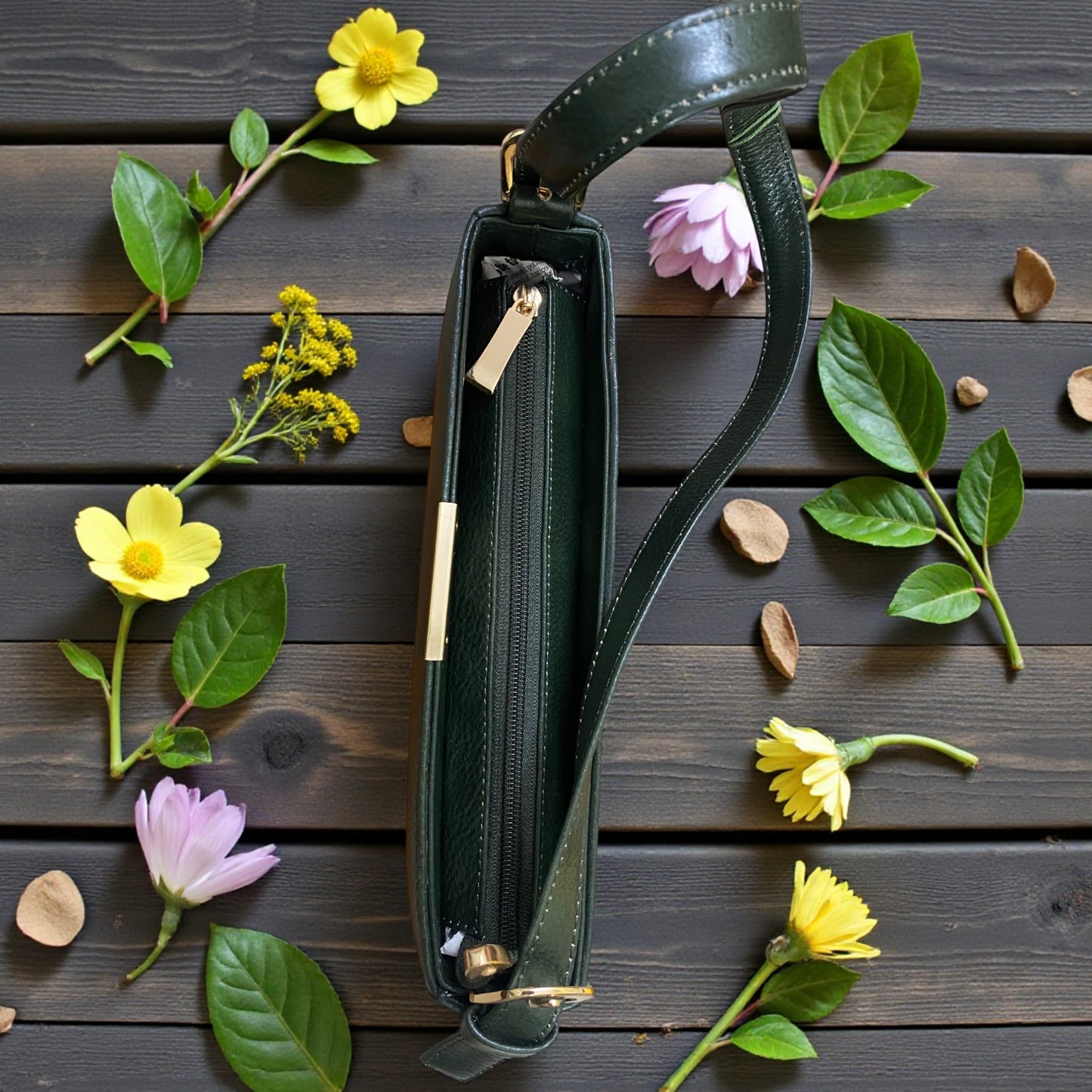 Women's Leather Shoulder Bag | Genuine Leather Baguette-Style Handbag with Gold-Tone Hardware | Slim Profile Purse with Single Strap for Daily & Formal Use | Elegant & Durable (Bottle Green)