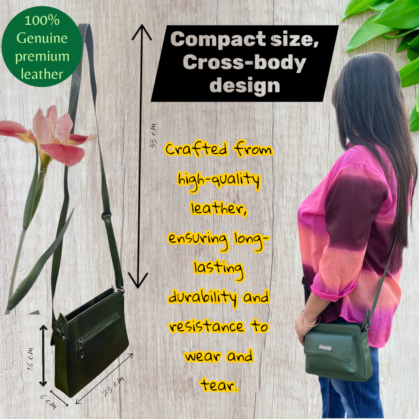 Women’s Dark Green Leather Sling Bag | Stylish Compact Crossbody Bag with Adjustable Strap & Zipper Pockets | Genuine Leather Purse for Daily, Travel & Casual Use (Dark Green)