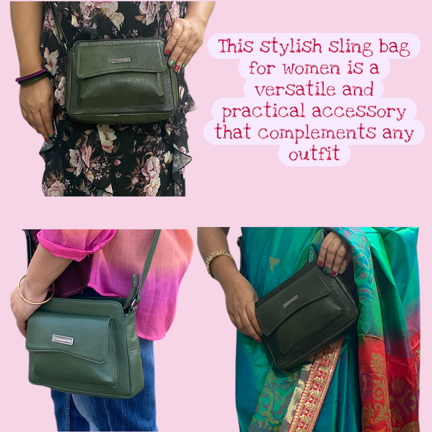 Women’s Dark Green Leather Sling Bag | Stylish Compact Crossbody Bag with Adjustable Strap & Zipper Pockets | Genuine Leather Purse for Daily, Travel & Casual Use (Dark Green)