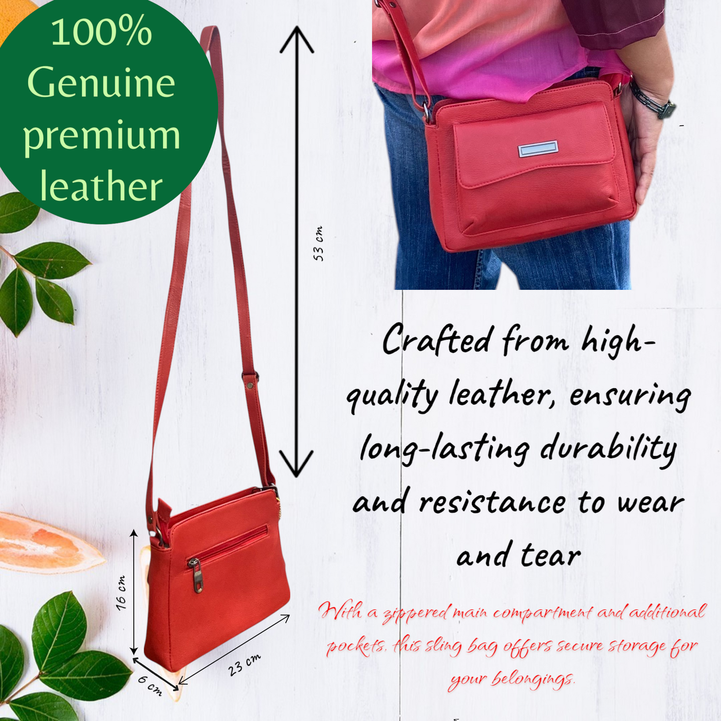 Women’s Red Leather Sling Bag | Stylish Compact Crossbody Bag with Adjustable Strap & Zipper Pockets | Genuine Leather Purse for Daily, Travel & Casual Use (Red)