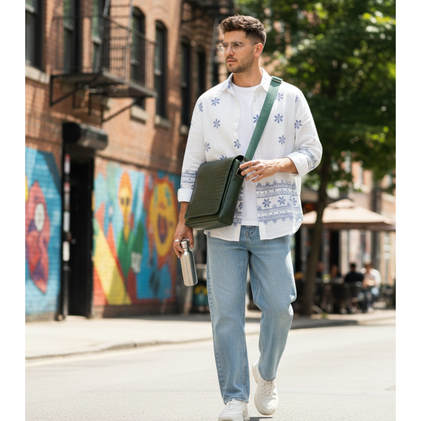 Premium Men's Croc-Pattern Leather Messenger Bag | Dark Green Crossbody Satchel for Office & Daily Use