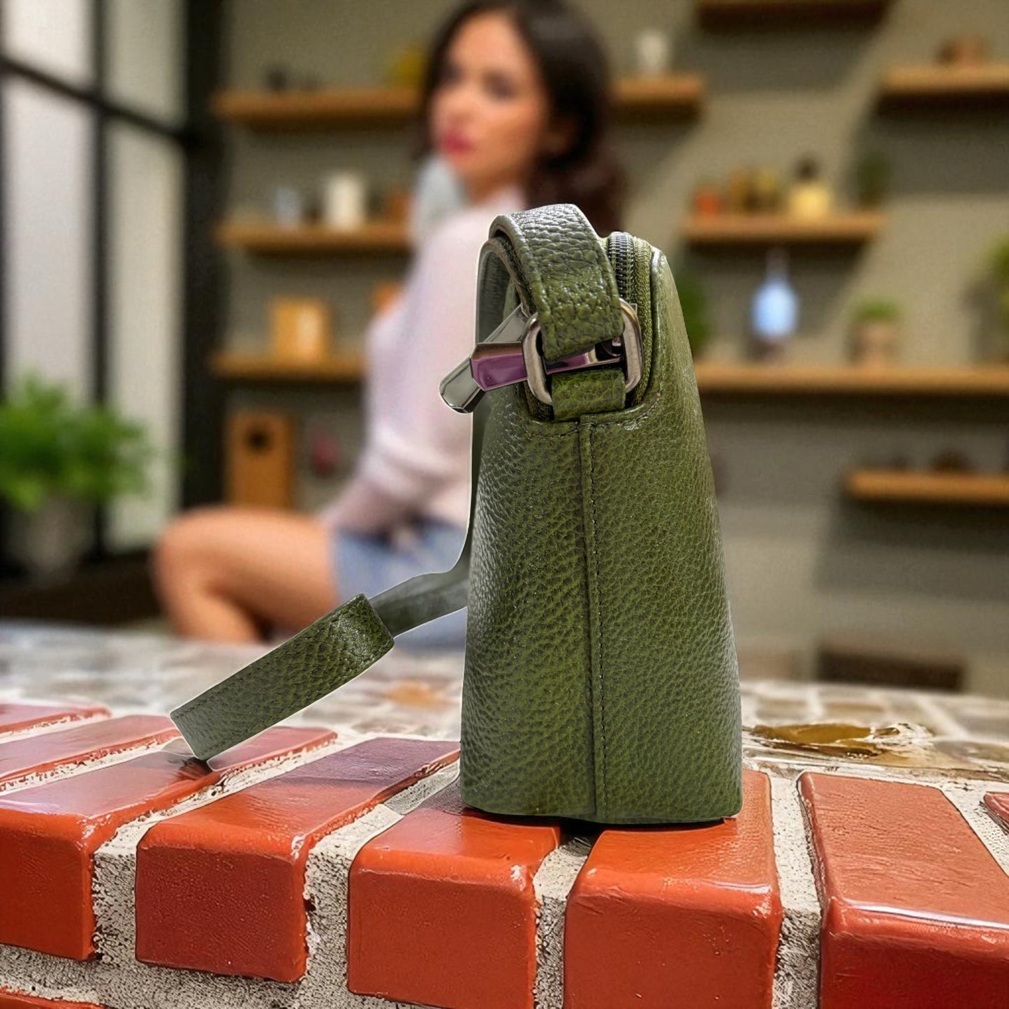 Leather Crossbody Bag, Olive Green, Multiple Compartments, Adjustable Strap (Olive Green)