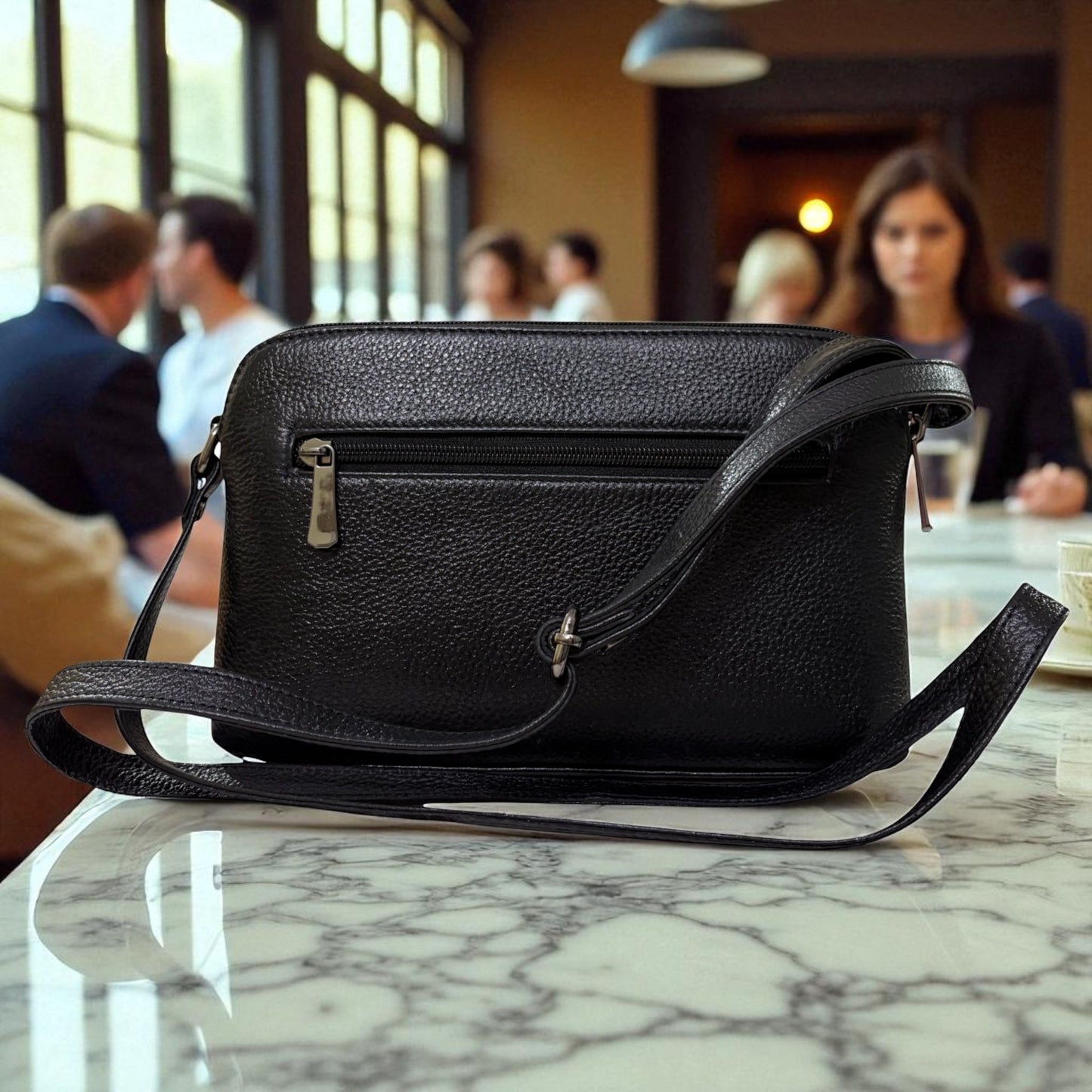 Leather Crossbody Bag, Multiple Compartments, Adjustable Strap (Black)