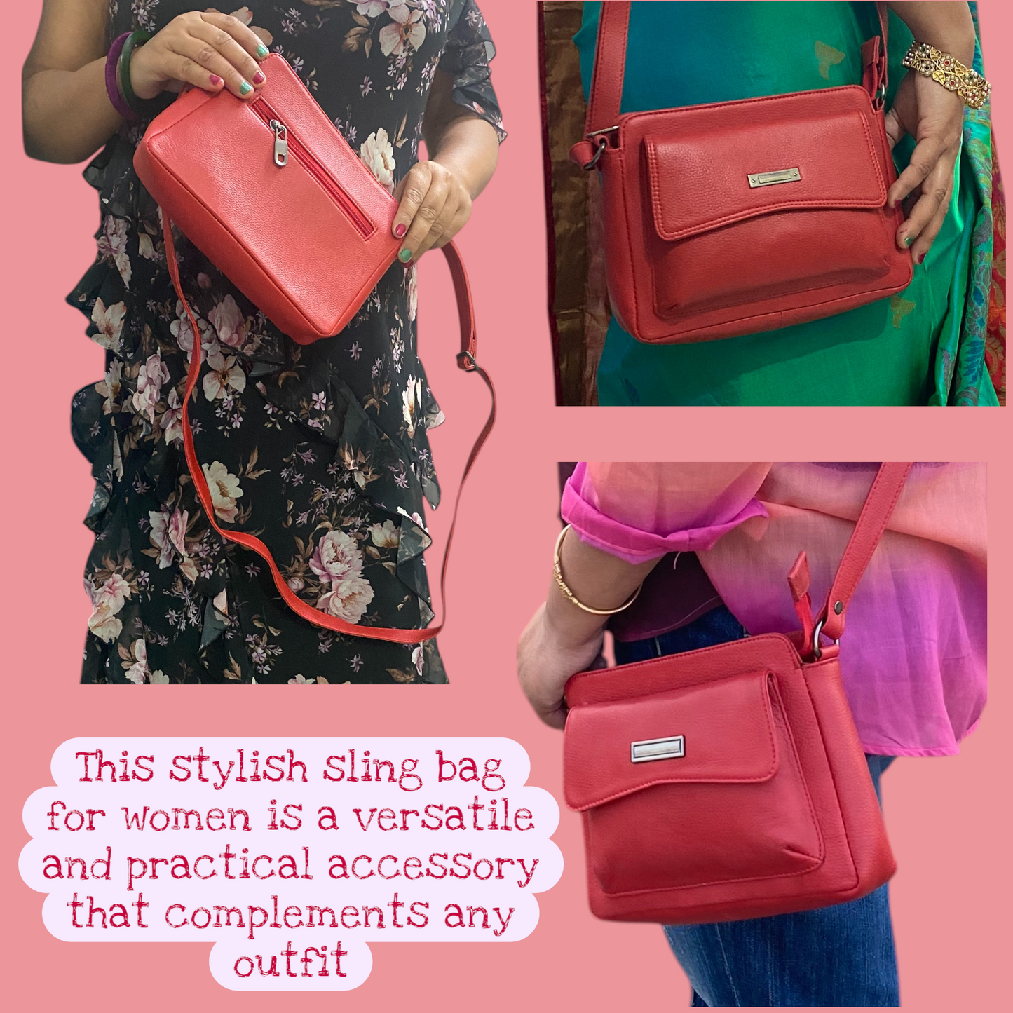 Women’s Red Leather Sling Bag | Stylish Compact Crossbody Bag with Adjustable Strap & Zipper Pockets | Genuine Leather Purse for Daily, Travel & Casual Use (Red)