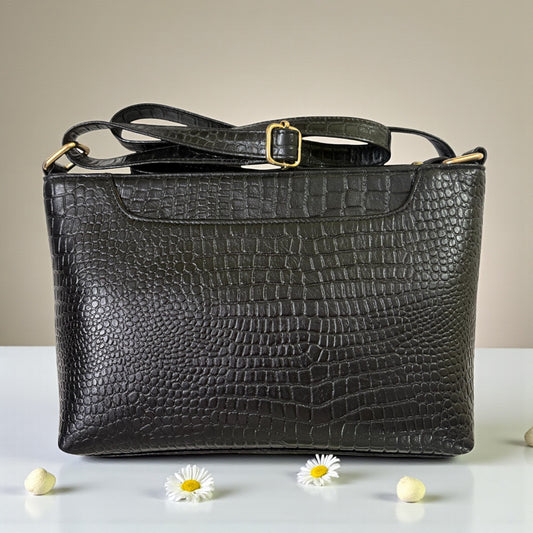 Stylish Croc-Embossed Leather Sling Bag for Women | Genuine Leather Crossbody Bag with Adjustable Strap & Spacious Interior | Designer Ladies Shoulder Purse for Travel & Daily Use (Black)