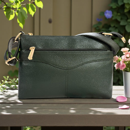 Compact Crossbody Bag, Dark Green Genuine Leather, Multi-Compartment with Gold Hardware (Green)