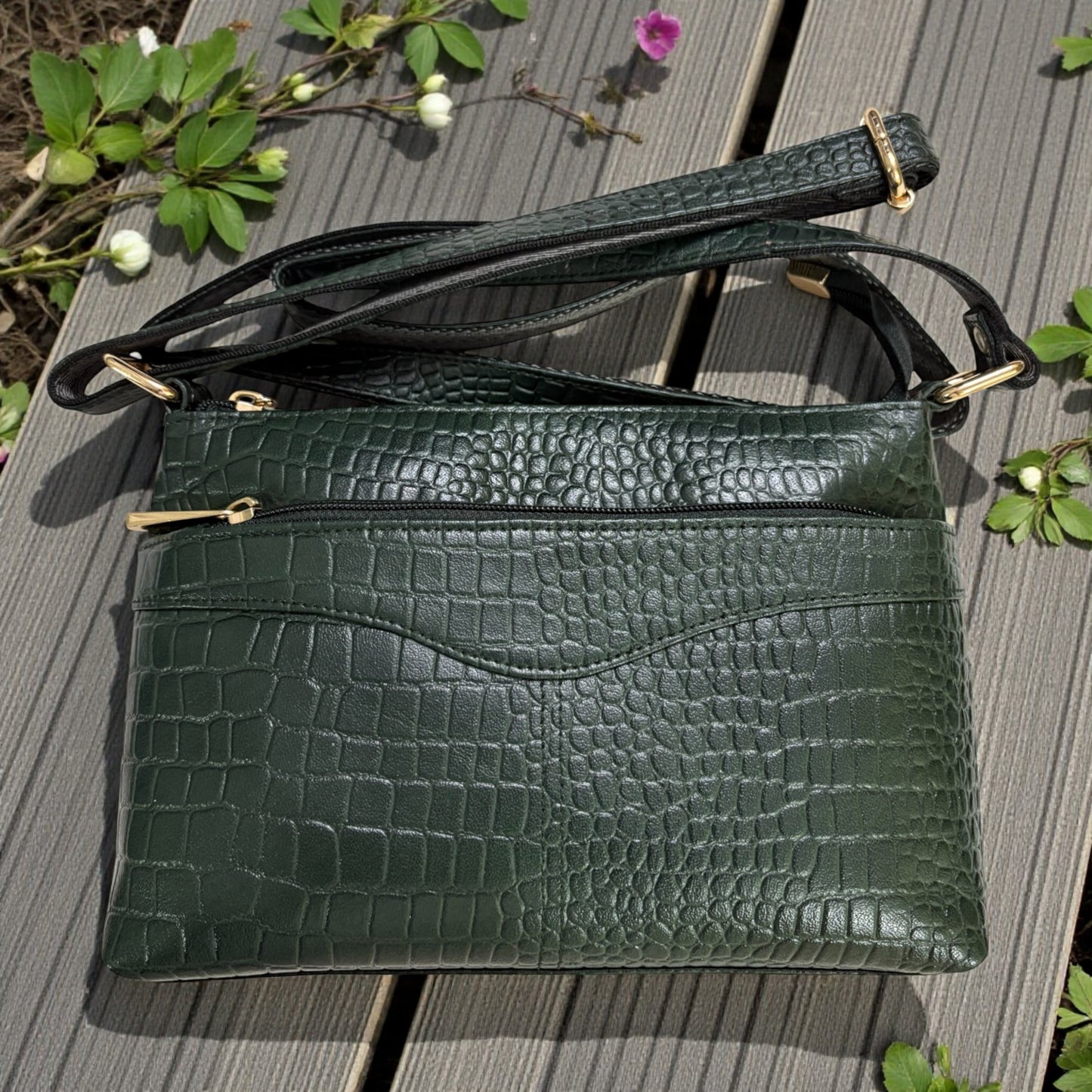 Compact Crossbody Bag, Crocodile Design, Dark Green Genuine Leather, Multi-Compartment with Gold Hardware (Dark Green)