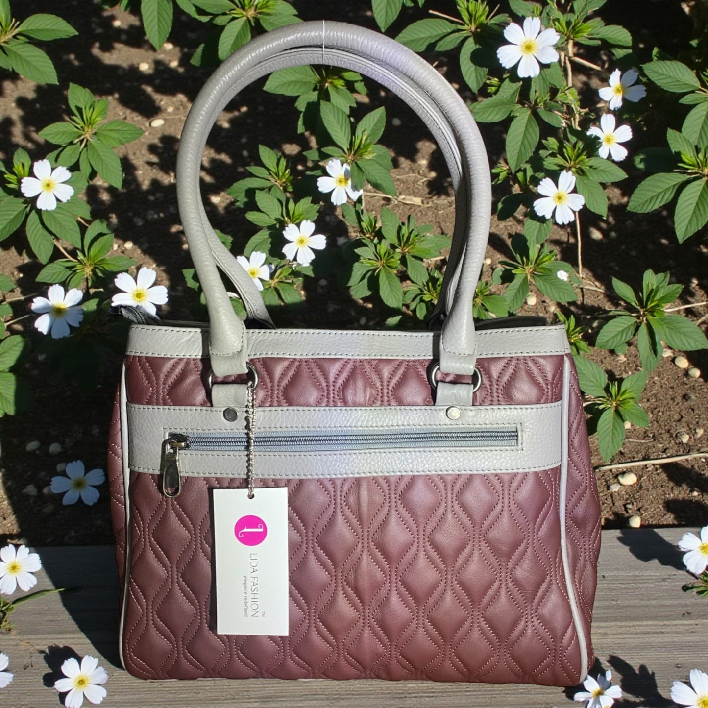 Quilted Burgundy Leather Handbag for Women – Genuine Leather Bag with Grey Accents, Spacious Interior, Top Handles & Zippered Compartment | Elegant Utility Tote for Daily & Office Use