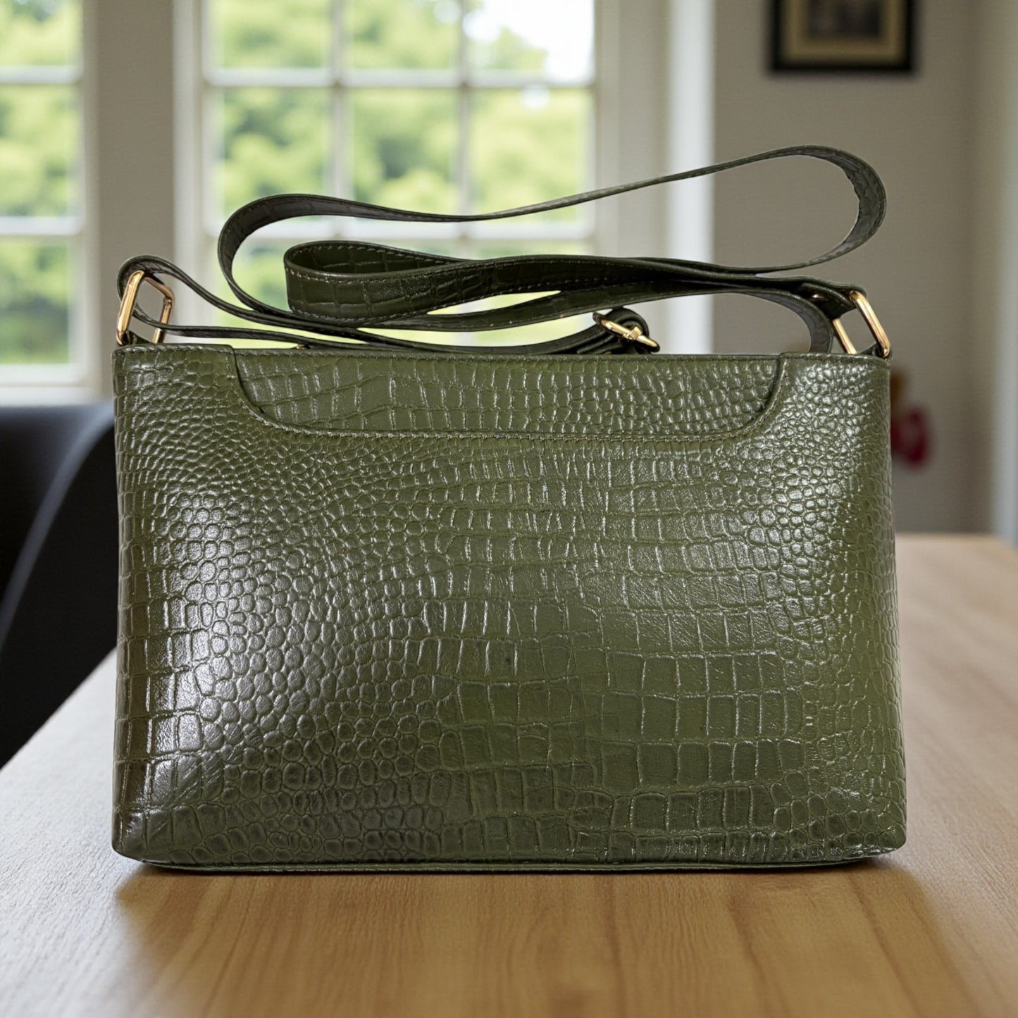 Womens Olive Green Leather Sling Bag | Crocodile-Embossed Genuine Leather Crossbody Purse with Adjustable Strap | Compact Yet Spacious for Casual & Party | Stylish & Durable (Olive Green)