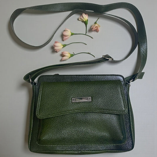 Women’s Dark Green Leather Sling Bag | Stylish Compact Crossbody Bag with Adjustable Strap & Zipper Pockets | Genuine Leather Purse for Daily, Travel & Casual Use (Dark Green)