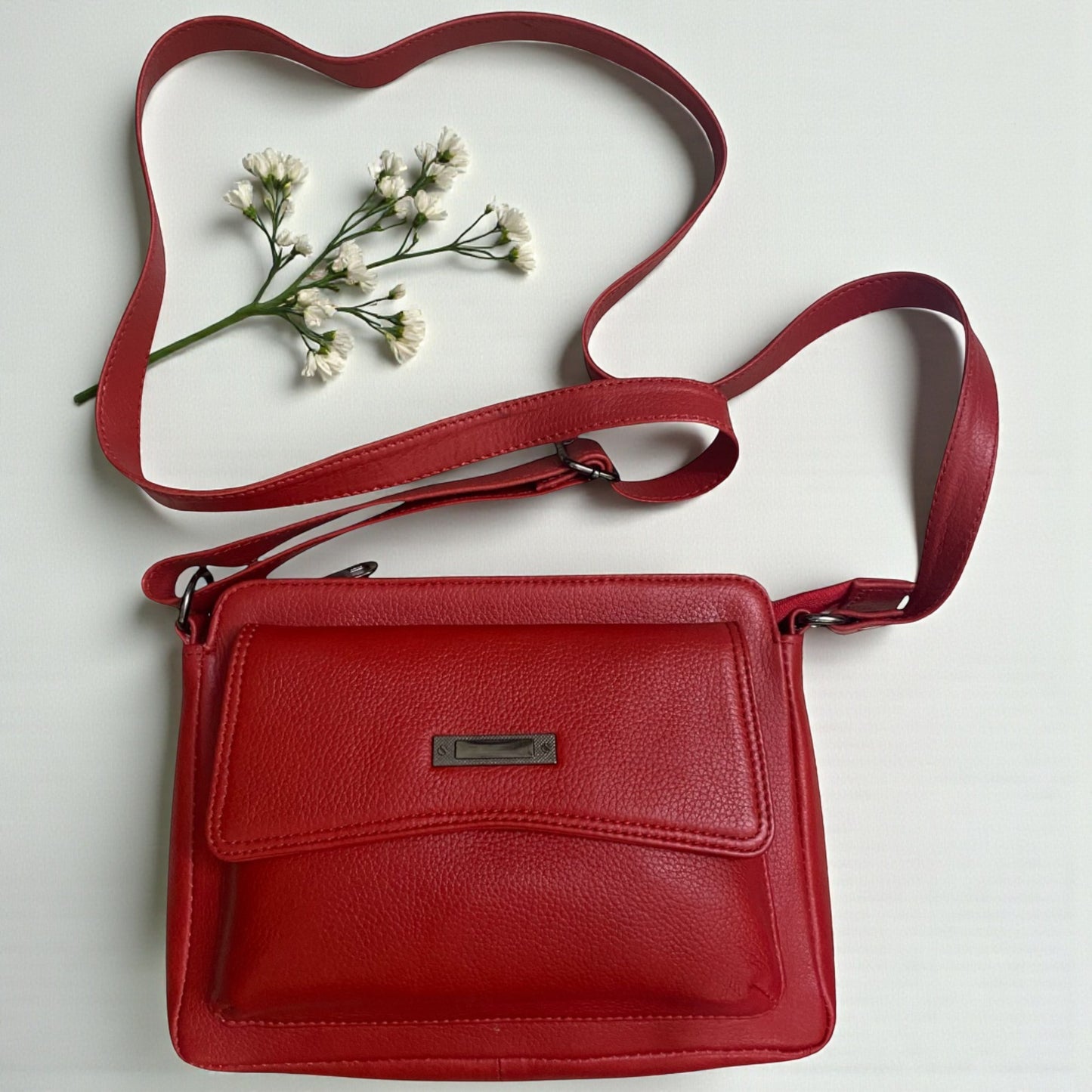 Women’s Red Leather Sling Bag | Stylish Compact Crossbody Bag with Adjustable Strap & Zipper Pockets | Genuine Leather Purse for Daily, Travel & Casual Use (Red)